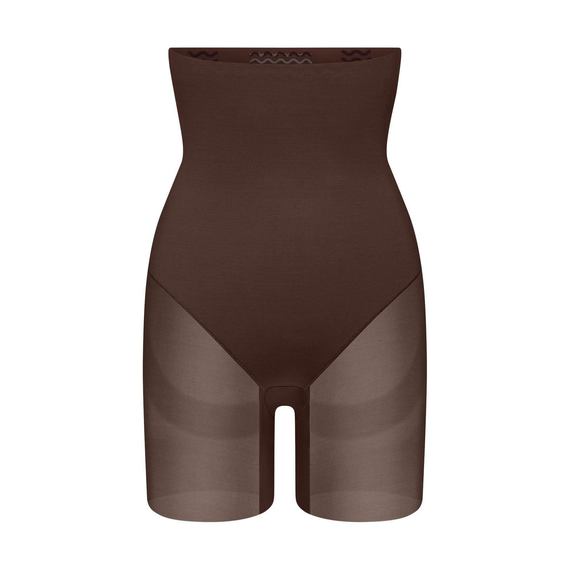POWER MESH SHAPEWEAR CORE SCULPT HIGH-WAISTED MID THIGH SHORT | COCOA FLAT ON A WHITE BACKGROUND | FLT
