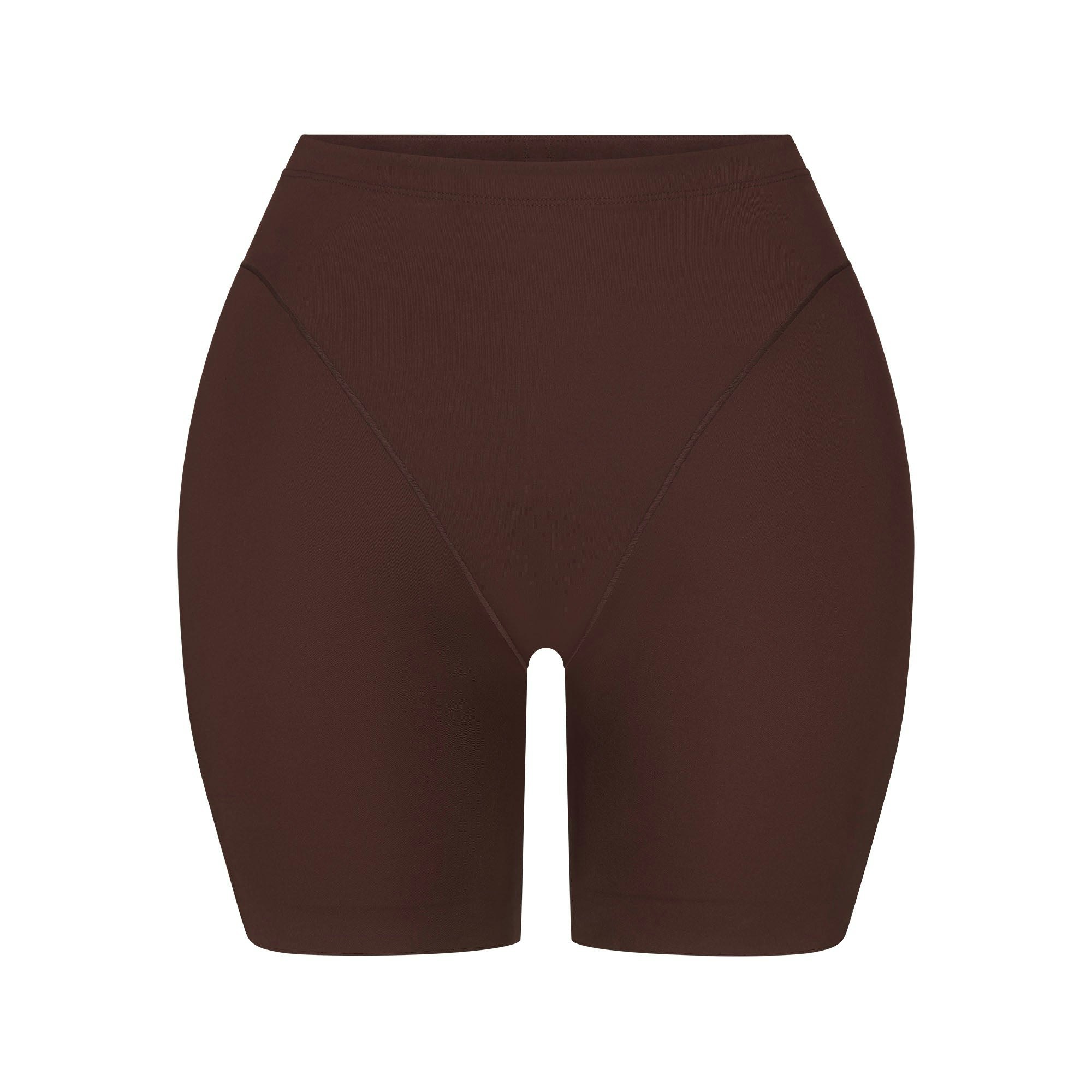 SKIMS BODY BUTT AND HIP ENHANCING MID THIGH SHORT | COCOA FLAT ON A WHITE BACKGROUND | FLT