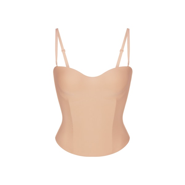 SKIMS BODY CORSET | CLAY LAYS FLAT ON A WHITE BACKGROUND