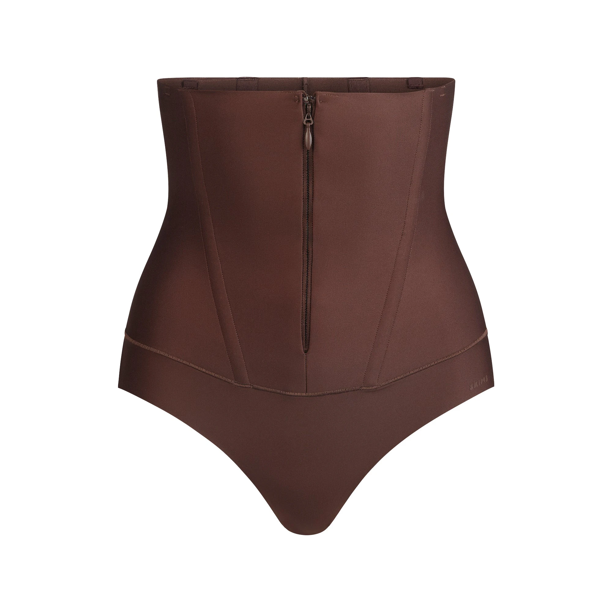SKIMS BODY CORE SCULPT WAIST CINCHER THONG | COCOA FLAT ON A WHITE BACKGROUND | FLT