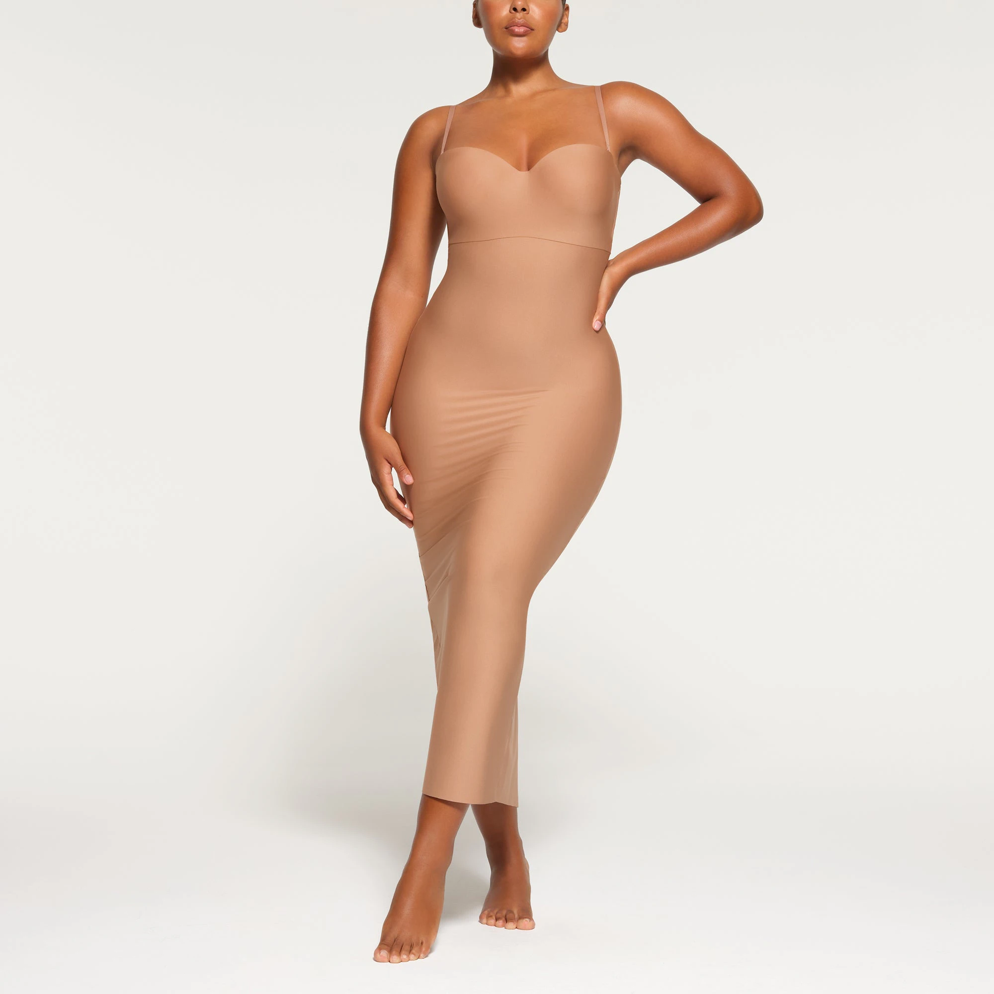 SKIMS BODY UNDERWIRE LONG DRESS WORN BY A MODEL IN FRONT VIEW
