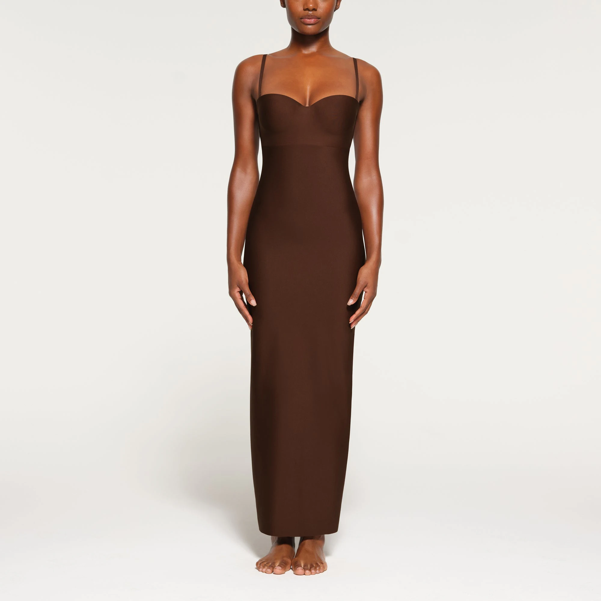 SKIMS BODY UNDERWIRE LONG DRESS WORN BY A MODEL IN FRONT VIEW