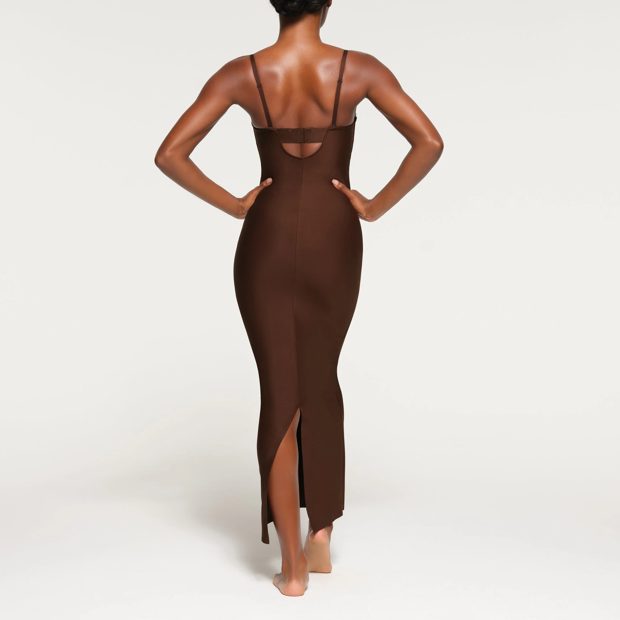 SKIMS BODY UNDERWIRE LONG DRESS ON A MODEL BACK VIEW