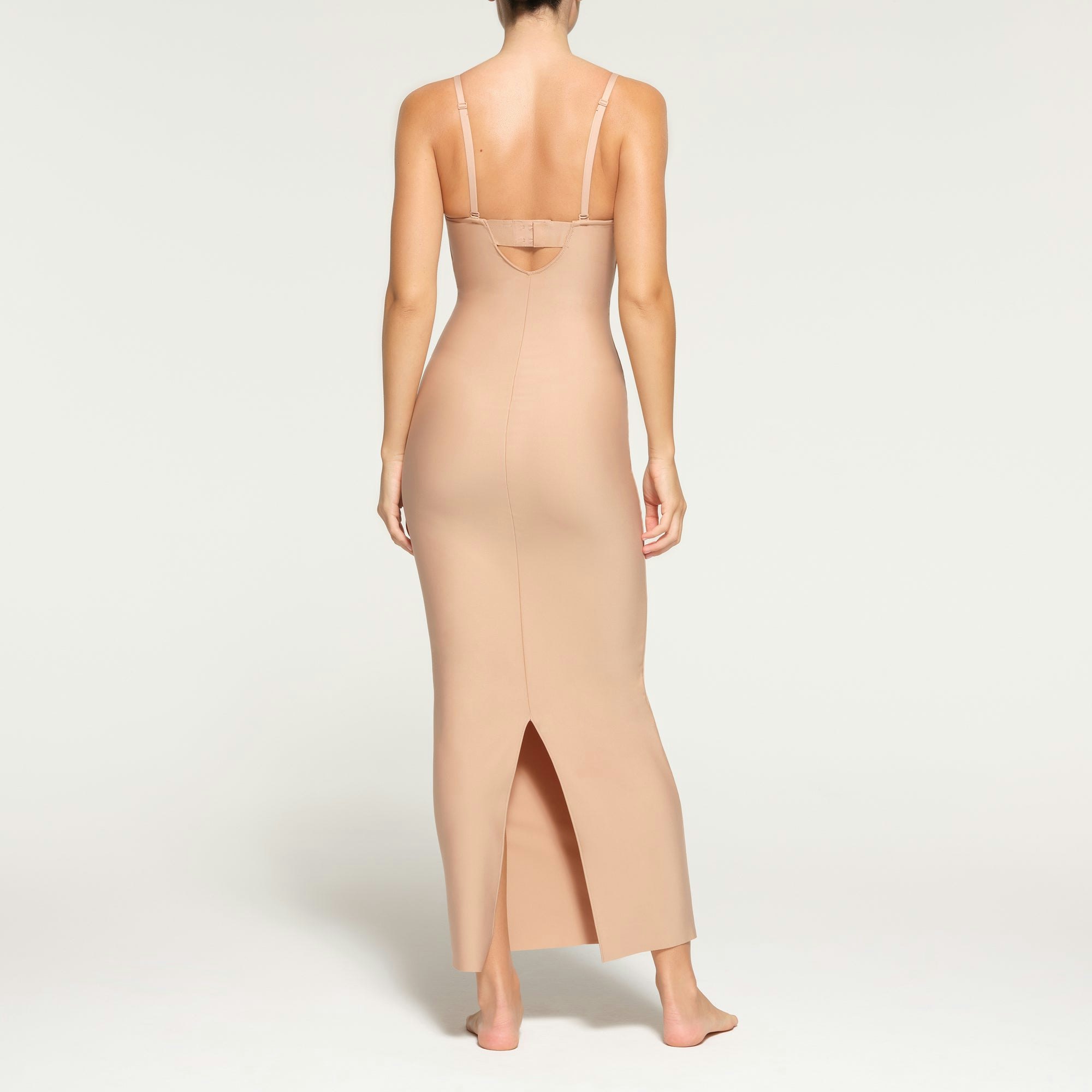 SKIMS BODY UNDERWIRE LONG DRESS ON A MODEL BACK VIEW