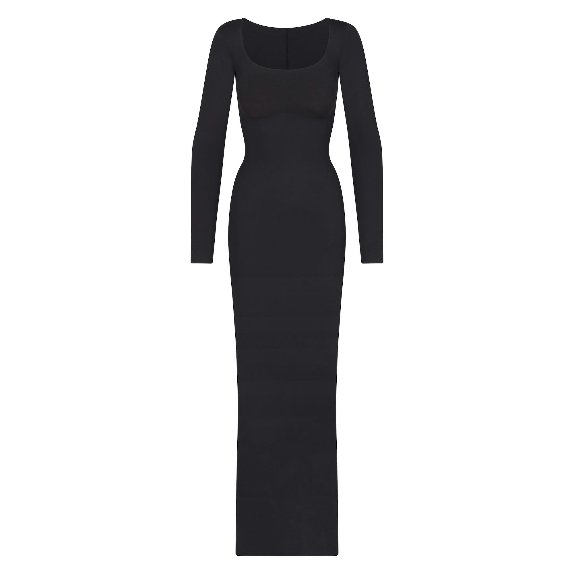 SKIMS BODY LONG SLEEVE LONG SLIP DRESS | ONYX (LONG DRESSES) LAYS FLAT ON A WHITE BACKGROUND | FLT