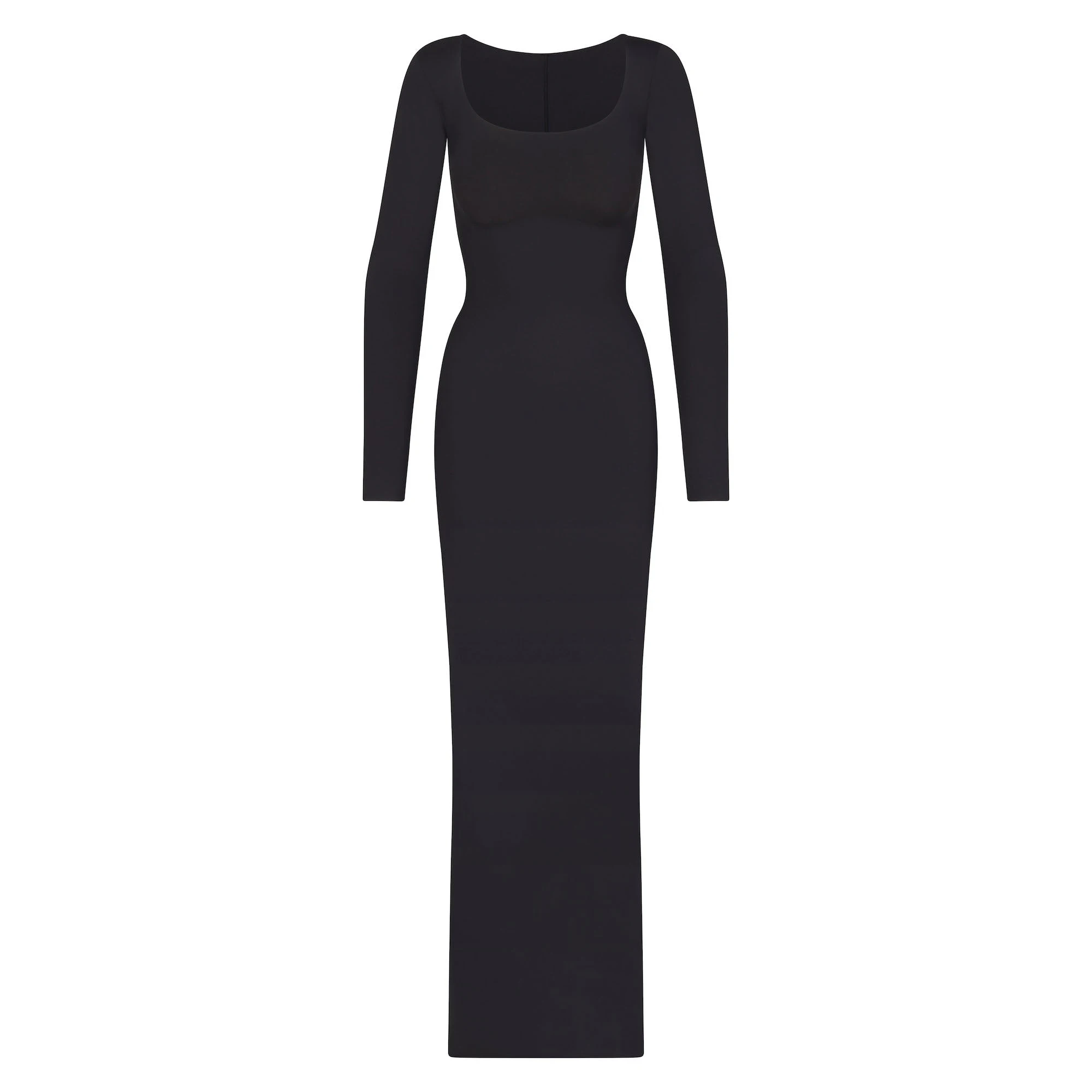 SKIMS BODY LONG SLEEVE LONG SLIP DRESS | ONYX (LONG DRESSES) LAYS FLAT ON A WHITE BACKGROUND | FLT