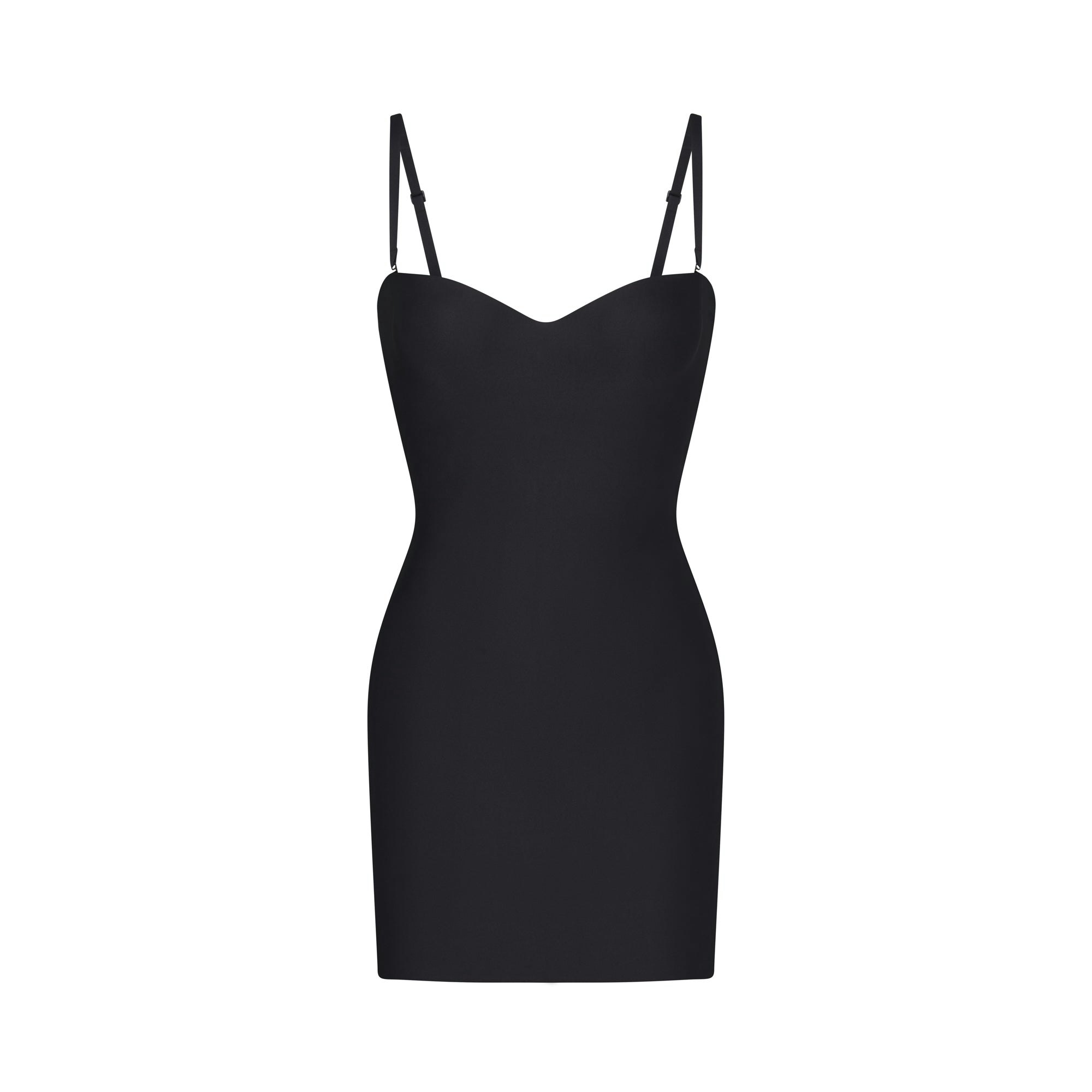 SKIMS BODY UNDERWIRE SLIP DRESS | ONYX (SHAPEWEAR SLIPS, SHAPEWEAR) LAYS FLAT ON A WHITE BACKGROUND | FLT