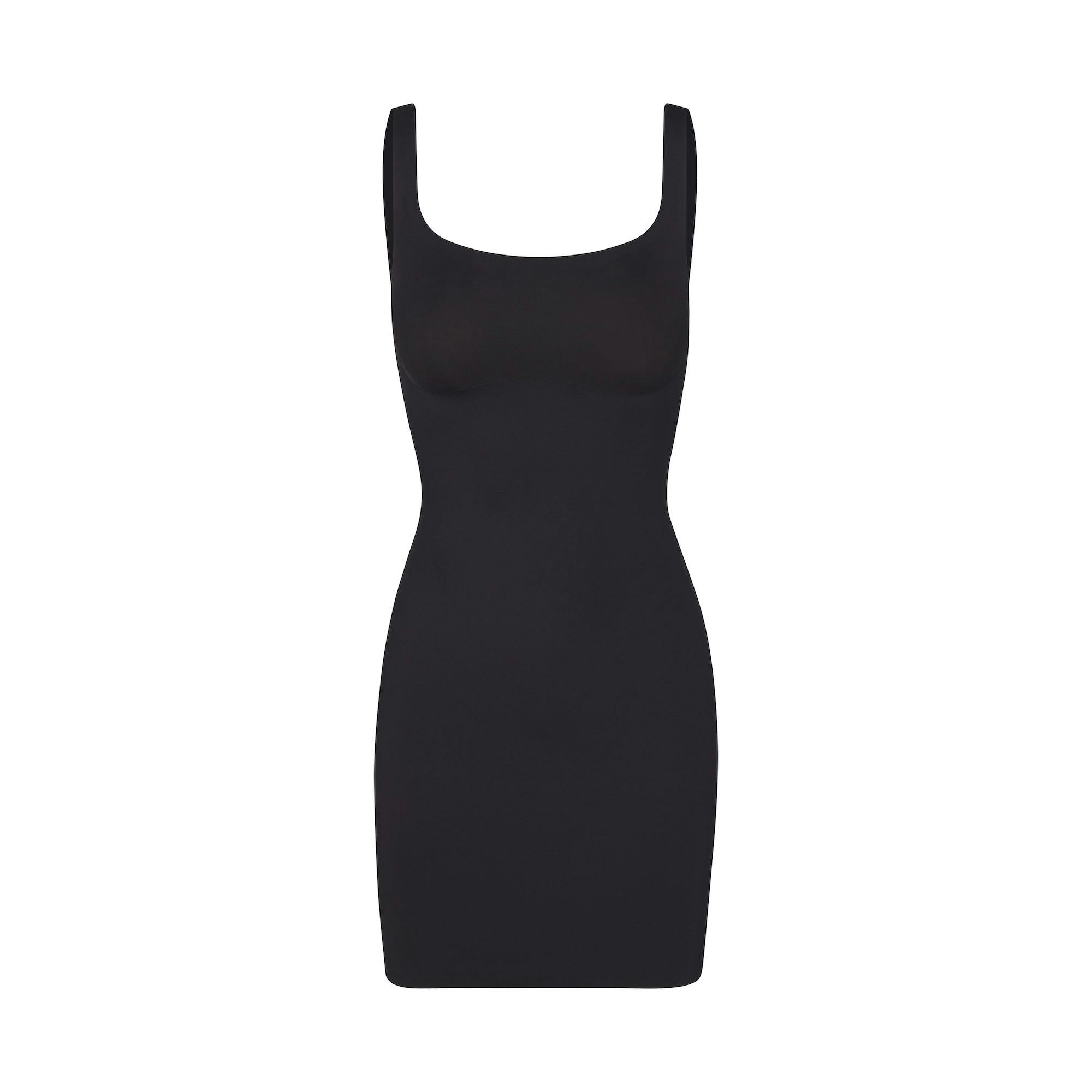 SKIMS BODY TANK SLIP DRESS | ONYX (LONG DRESSES) LAYS FLAT ON A WHITE BACKGROUND