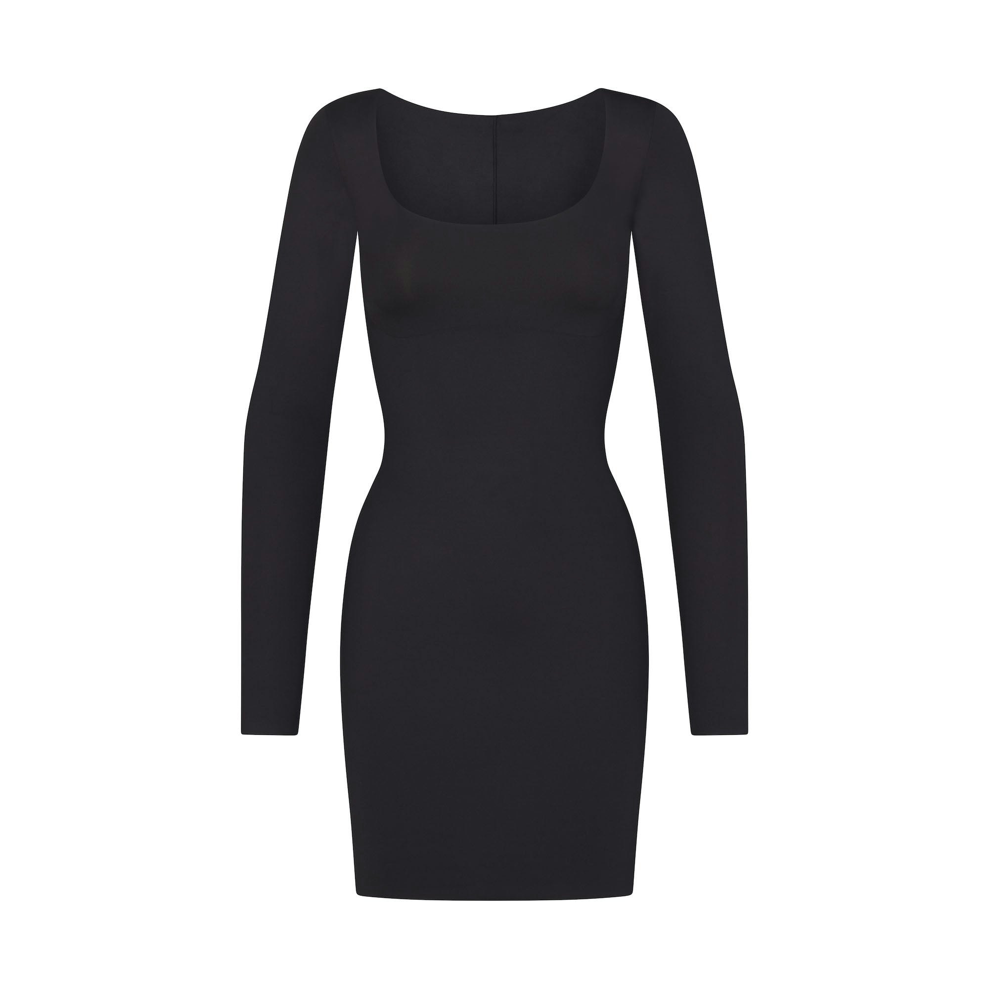 SKIMS BODY LONG SLEEVE SLIP DRESS | ONYX (LONG DRESSES) LAYS FLAT ON A WHITE BACKGROUND