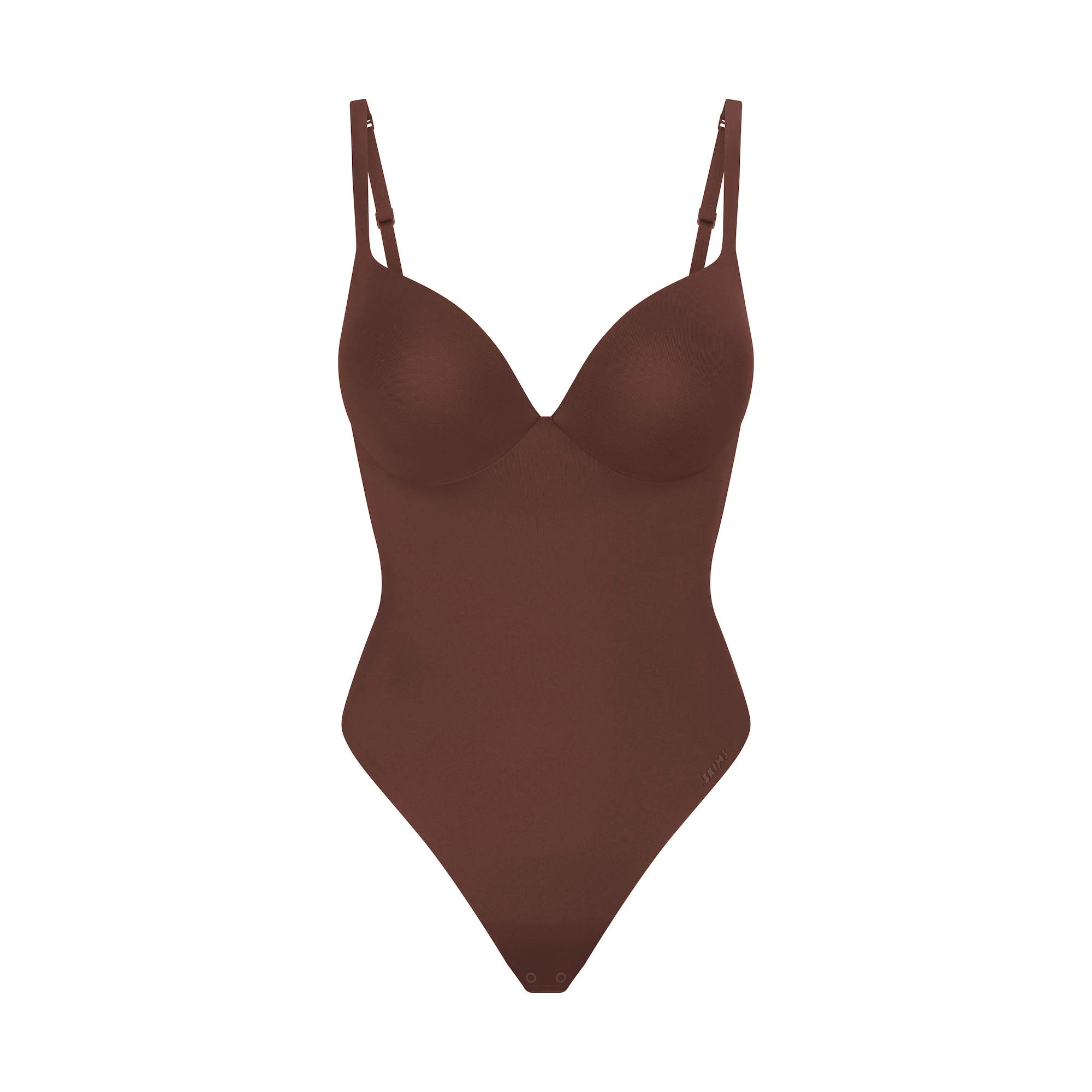 SKIMS ULTIMATE BODY PUSH-UP THONG BODYSUIT | COCOA FLAT ON A WHITE BACKGROUND | FLT | FLT