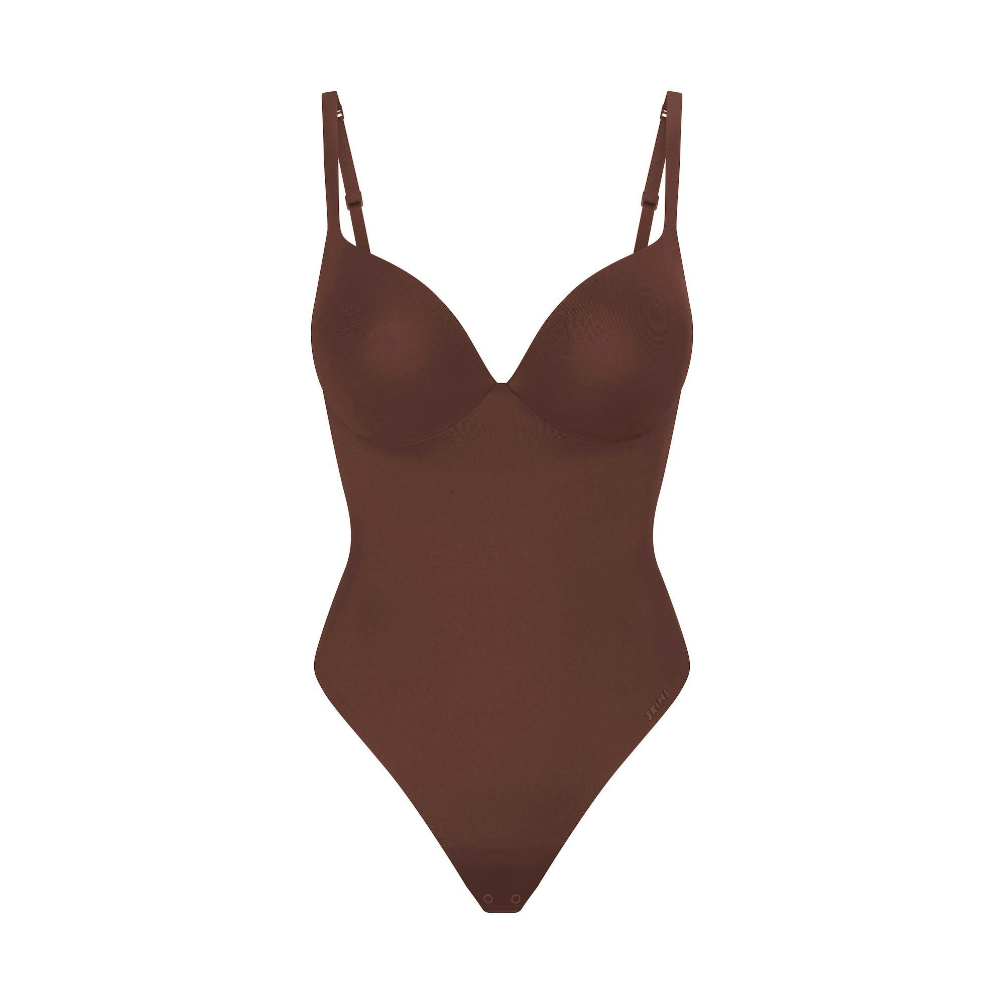 SKIMS ULTIMATE BODY PUSH-UP THONG BODYSUIT | COCOA FLAT ON A WHITE BACKGROUND | FLT | FLT