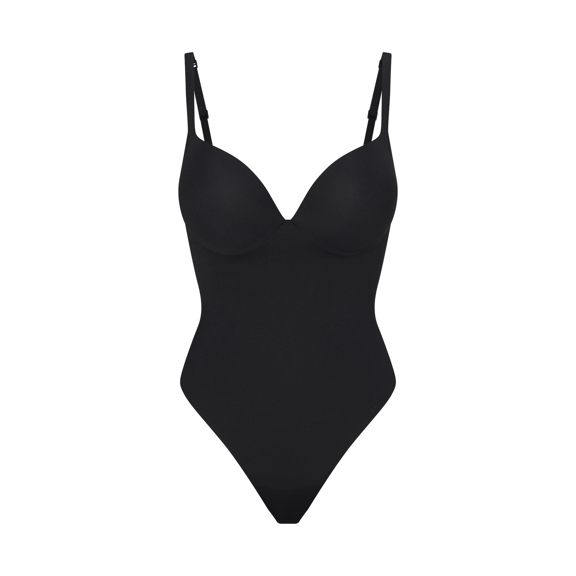 SKIMS ULTIMATE BODY PUSH-UP THONG BODYSUIT | ONYX FLAT ON A WHITE BACKGROUND | FLT | FLT
