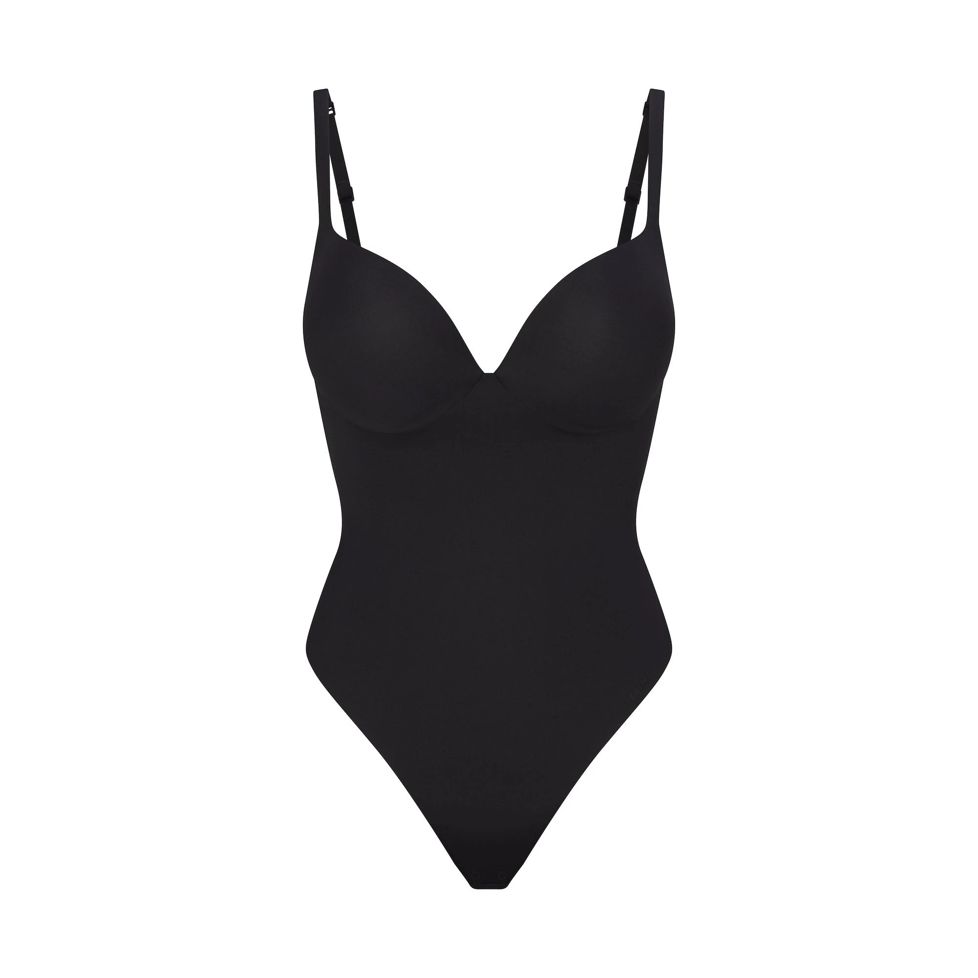 SKIMS ULTIMATE BODY PUSH-UP THONG BODYSUIT | ONYX FLAT ON A WHITE BACKGROUND | FLT | FLT