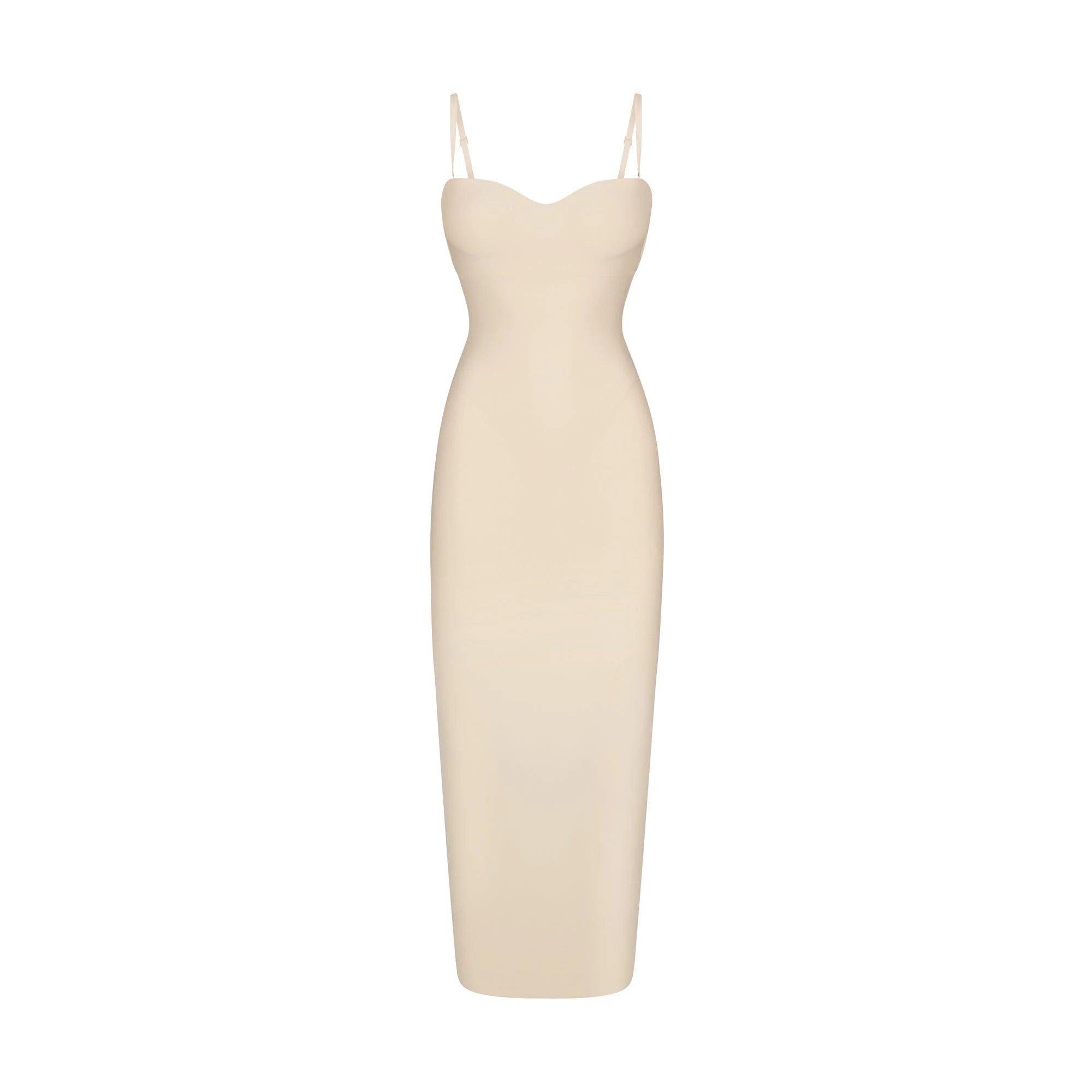 SKIMS BODY UNDERWIRE LONG DRESS | SAND (SHAPEWEAR SLIPS, SHAPEWEAR) LAYS FLAT ON A WHITE BACKGROUND