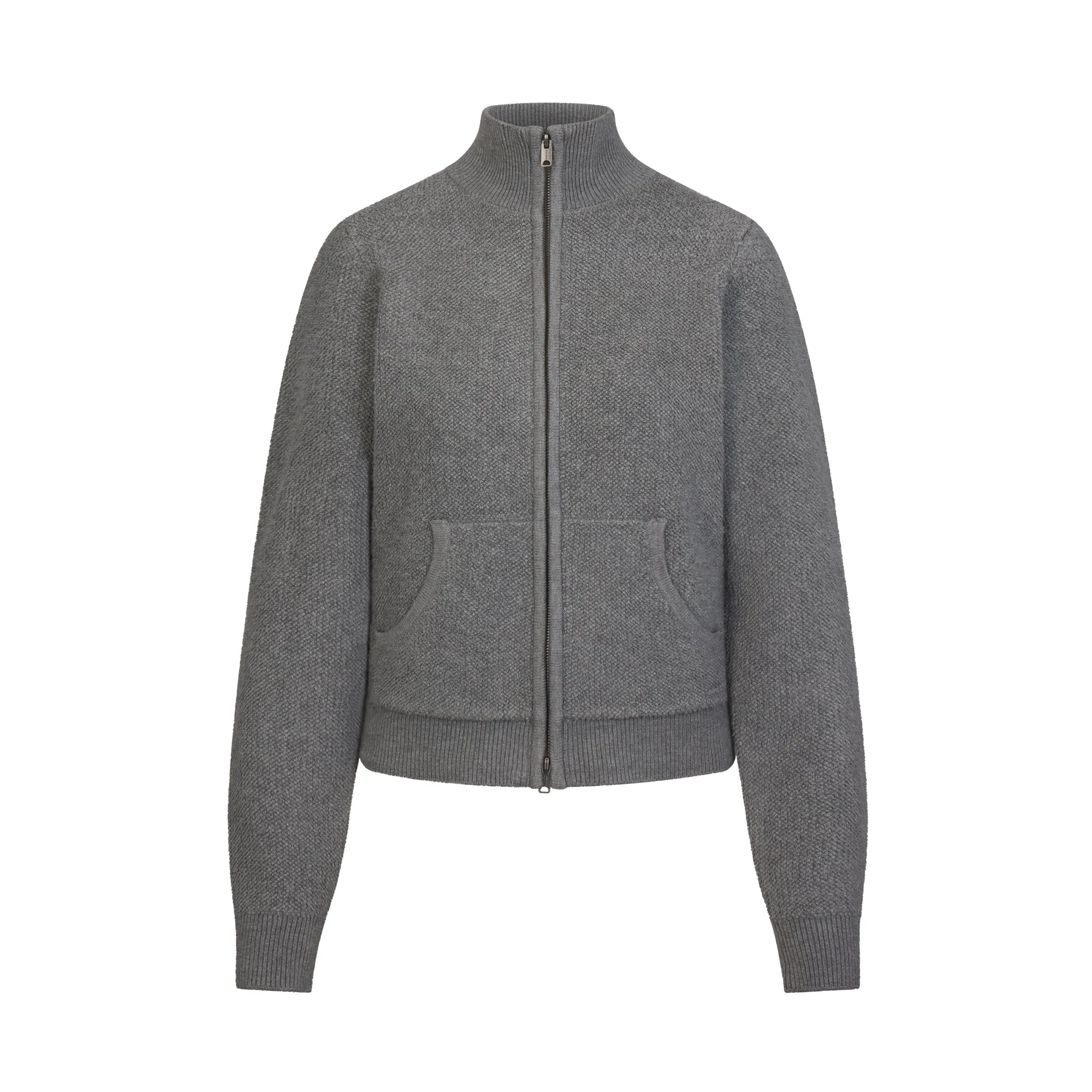 TEXTURED KNIT SHERPA ZIP UP | DARK HEATHER GREY & LAYS FLAT ON A WHITE BACKGROUND | FLT