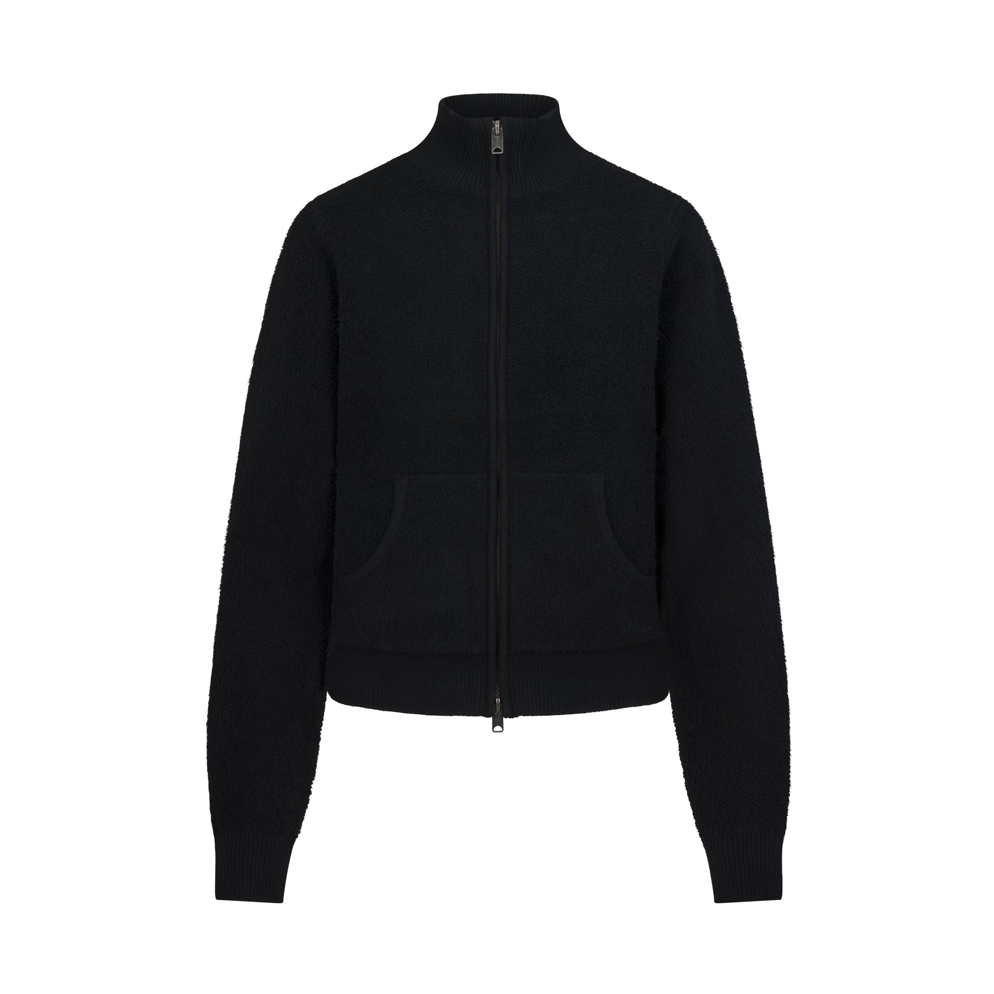 TEXTURED KNIT SHERPA ZIP UP | ONYX & LAYS FLAT ON A WHITE BACKGROUND | FLT