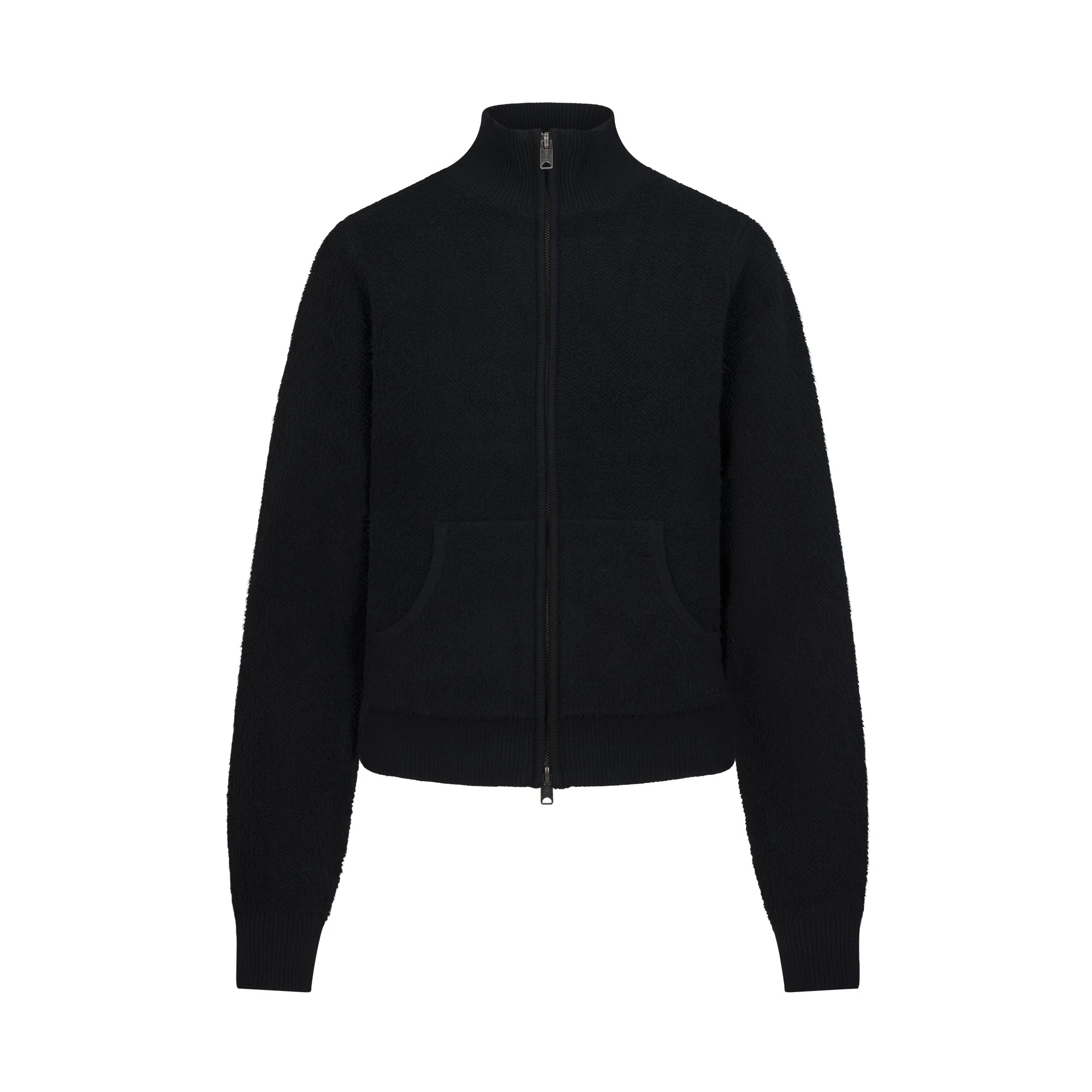 TEXTURED KNIT SHERPA ZIP UP | ONYX & LAYS FLAT ON A WHITE BACKGROUND | FLT