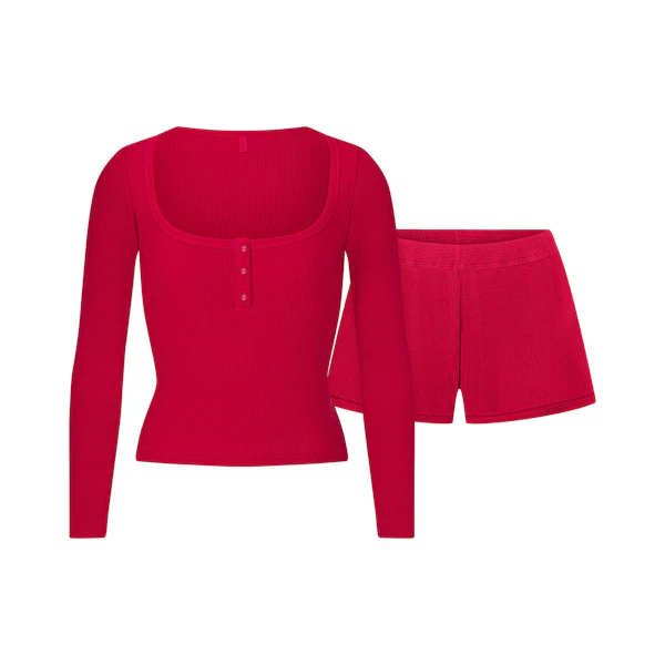 WAFFLE LONG SLEEVE HENLEY AND SHORT SET | SPRUCE (LONG SLEEVE TOPS) FLAT ON A WHITE BACKGROUND | FLT