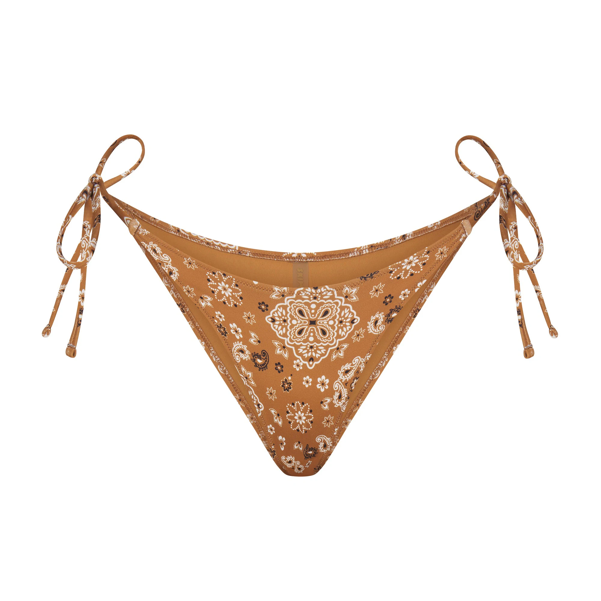 SIGNATURE SWIM DIPPED TIE BIKINI BOTTOM | ALMOND BANDANA LAYS FLAT ON A WHITE BACKGROUND | FLT