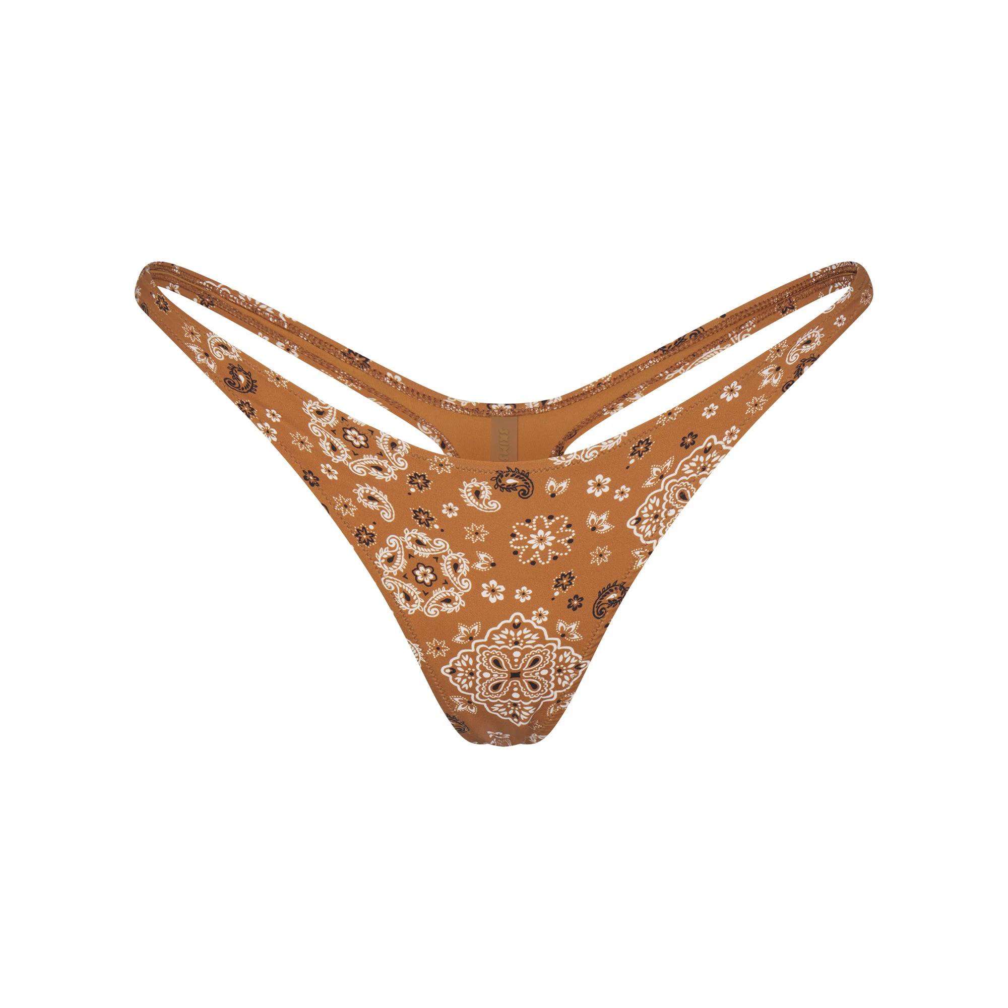 SIGNATURE SWIM THONG BIKINI BOTTOM | ALMOND BANDANA FLAT ON A WHITE BACKGROUND | FLT