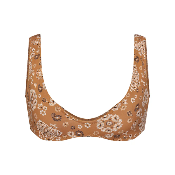 SIGNATURE SWIM PLUNGE BIKINI TOP | ALMOND BANDANA FLAT ON A WHITE BACKGROUND | FLT