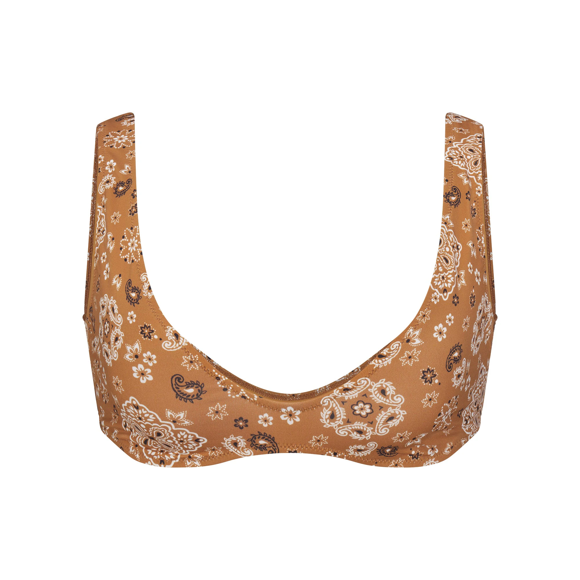 SIGNATURE SWIM PLUNGE BIKINI TOP | ALMOND BANDANA FLAT ON A WHITE BACKGROUND | FLT