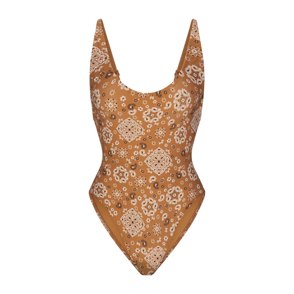 SIGNATURE SWIM SCOOP NECK ONE PIECE | ALMOND BANDANA FLAT ON A WHITE BACKGROUND | FLT