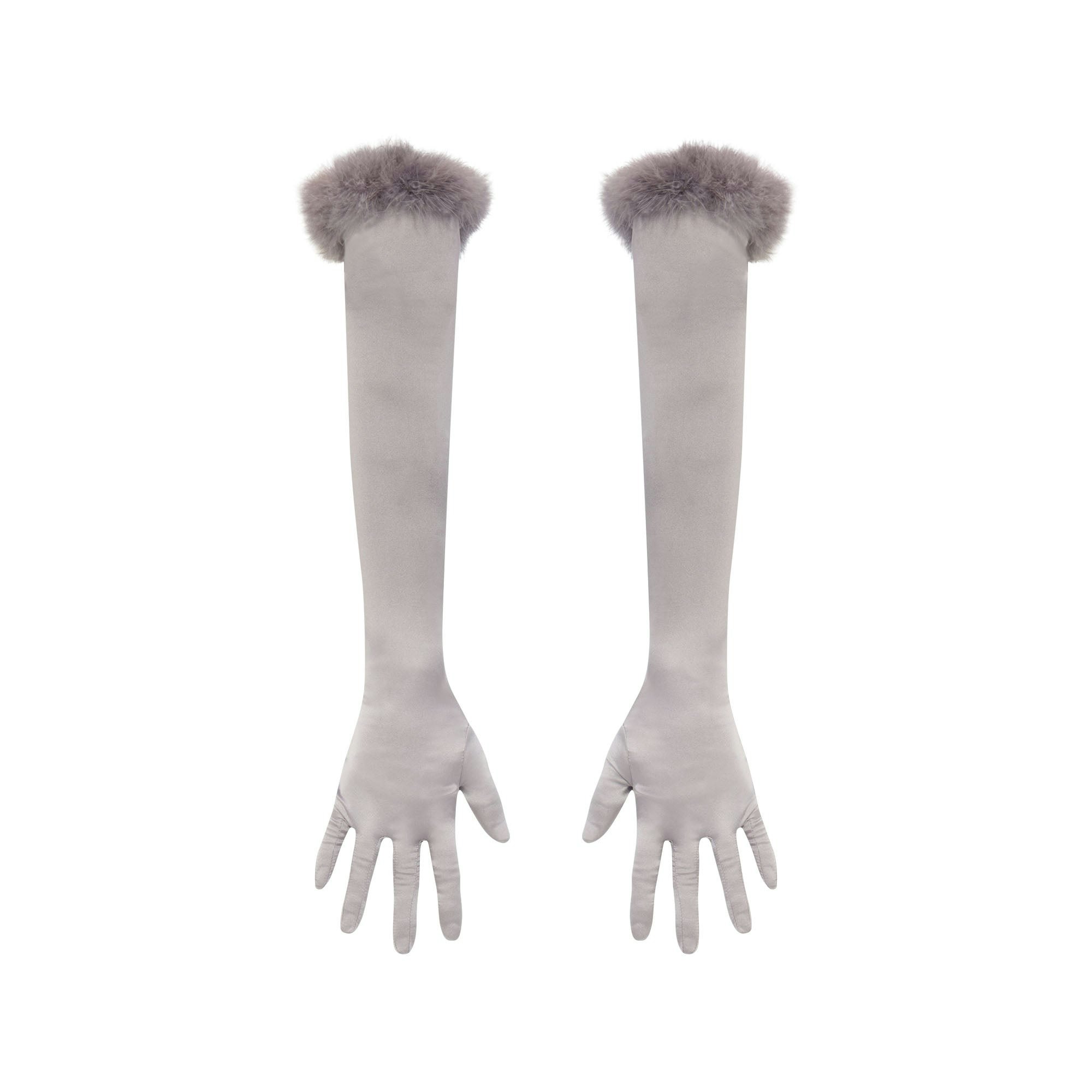 SILK FEATHER TRIM GLOVES | MIRROR FLAT ON A WHITE BACKGROUND | FLT