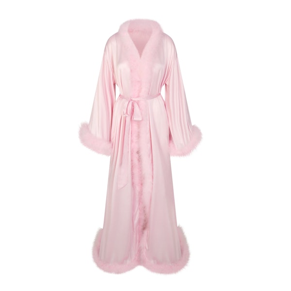 SILK FEATHER TRIM LONG ROBE | CHERRY BLOSSOM FLAT ON A WHITE BACKGROUND | FLT