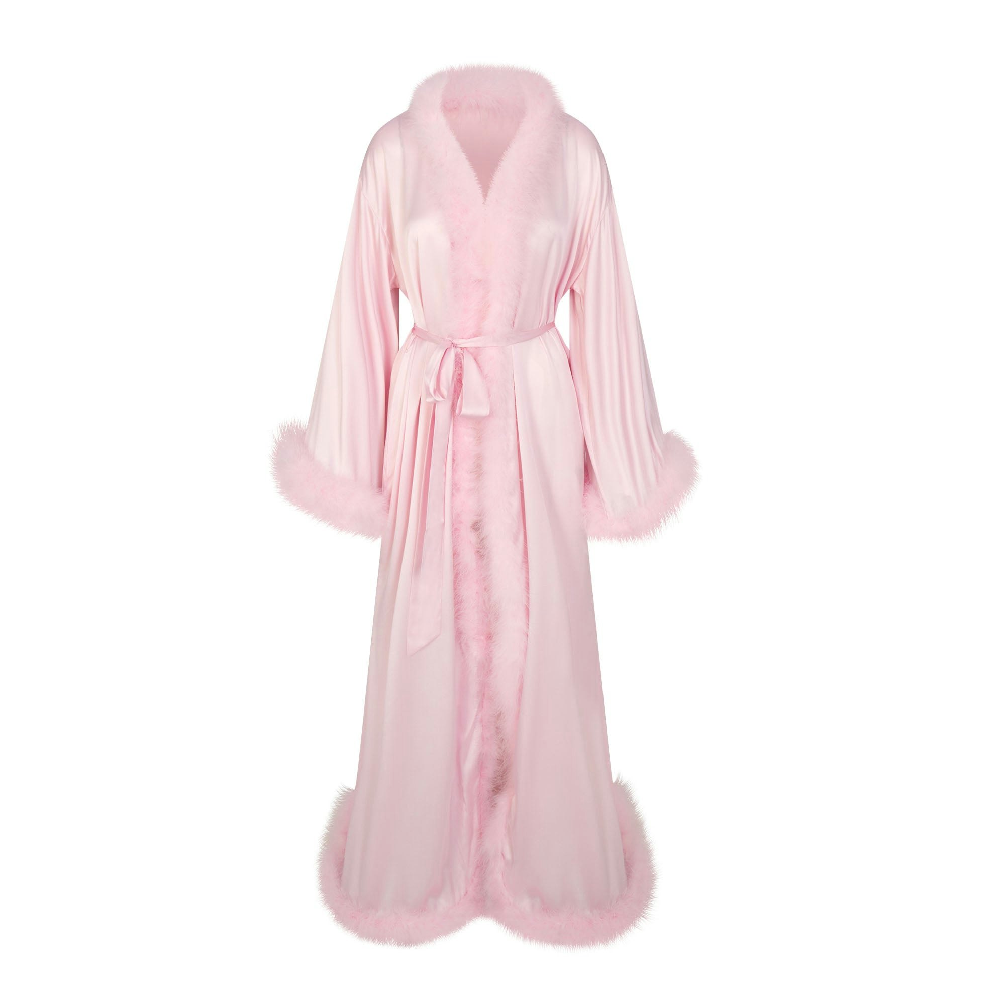 SILK FEATHER TRIM LONG ROBE | CHERRY BLOSSOM FLAT ON A WHITE BACKGROUND | FLT