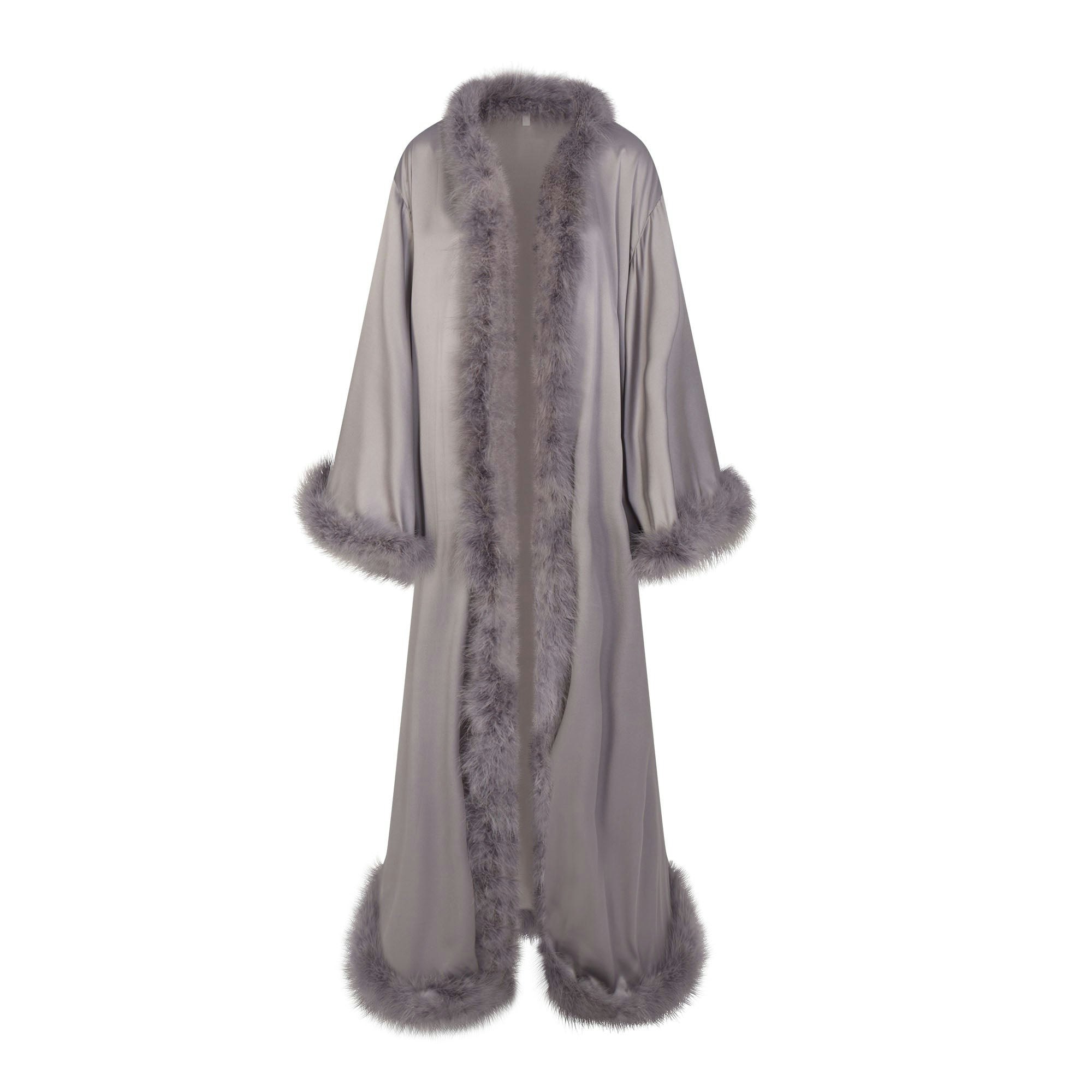 SILK FEATHER TRIM LONG ROBE | MIRROR FLAT ON A WHITE BACKGROUND | FLT