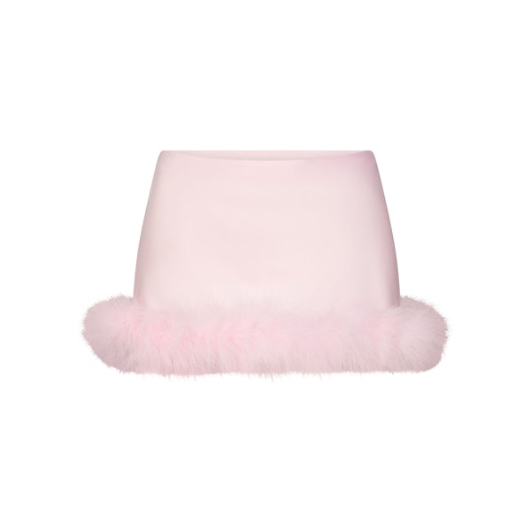 SILK FEATHER TRIM LOW RISE MINI SKIRT | CHERRY BLOSSOM FLAT ON A WHITE BACKGROUND | FLT