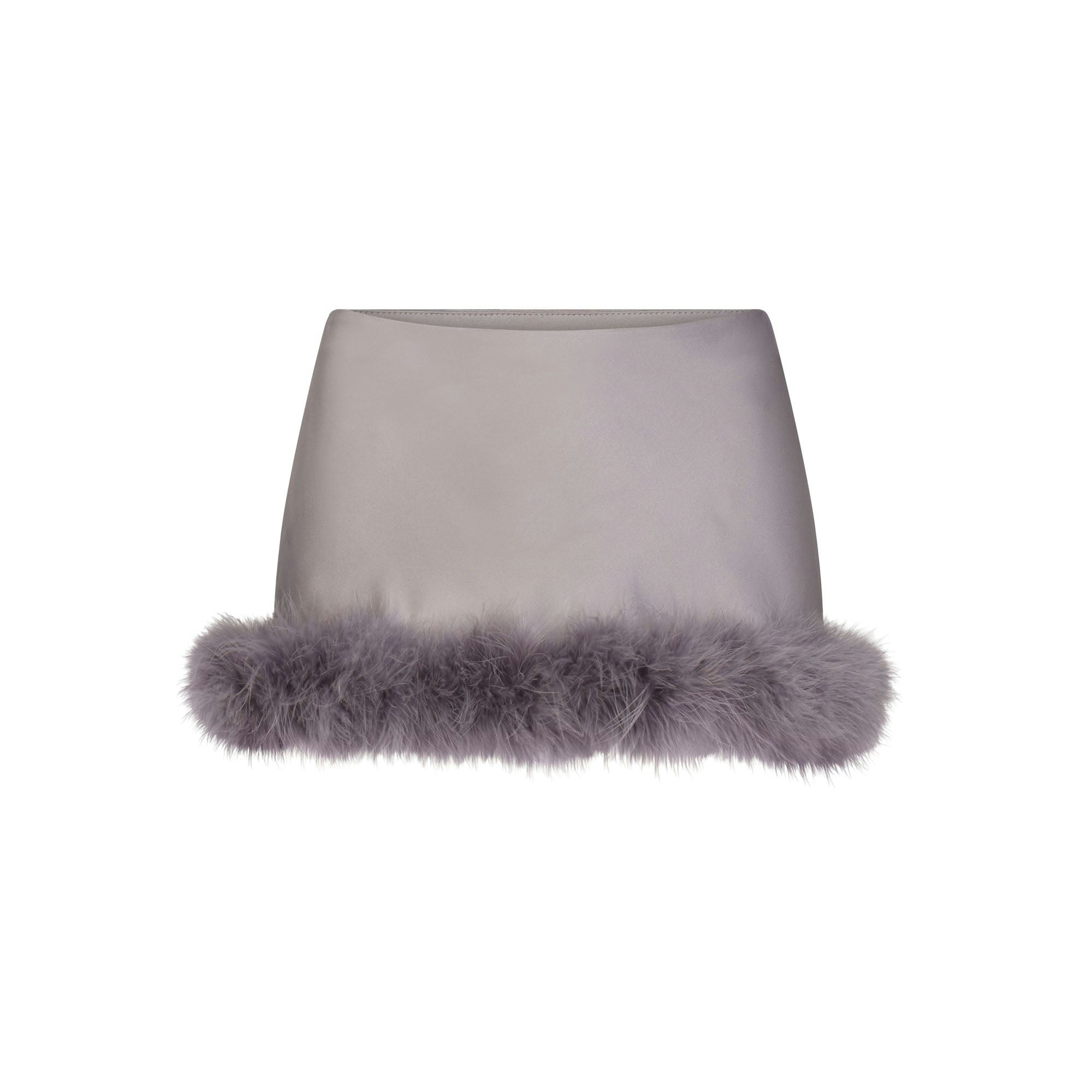 SILK FEATHER TRIM LOW RISE MINI SKIRT | MIRROR FLAT ON A WHITE BACKGROUND | FLT