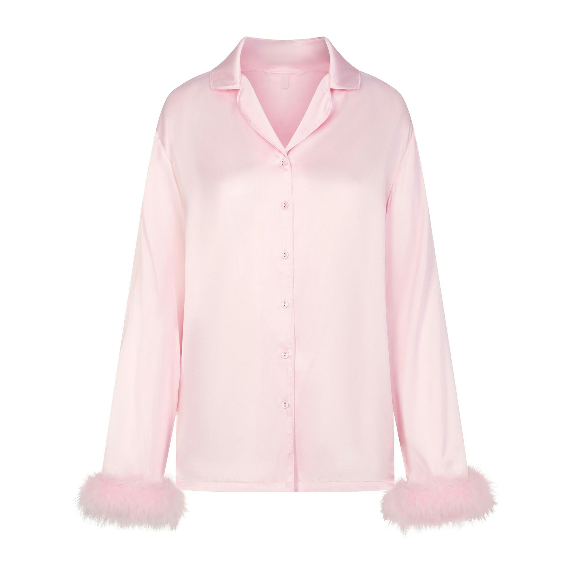 SILK FEATHER TRIM LONG SET | CHERRY BLOSSOM FLAT ON A WHITE BACKGROUND | FLT