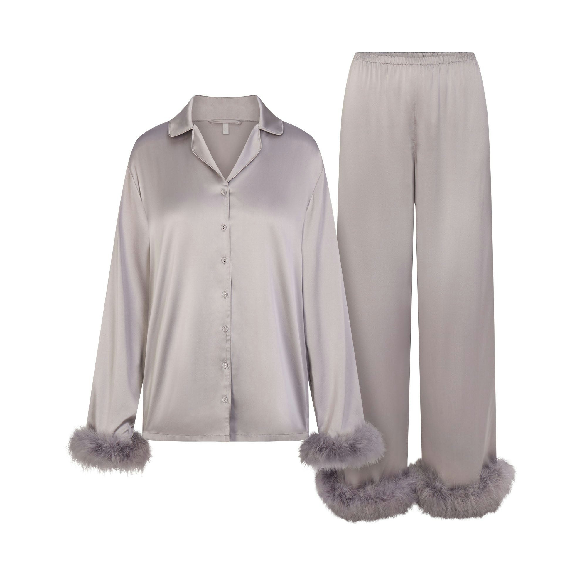 SILK FEATHER TRIM LONG SET | MIRROR FLAT ON A WHITE BACKGROUND | FLT