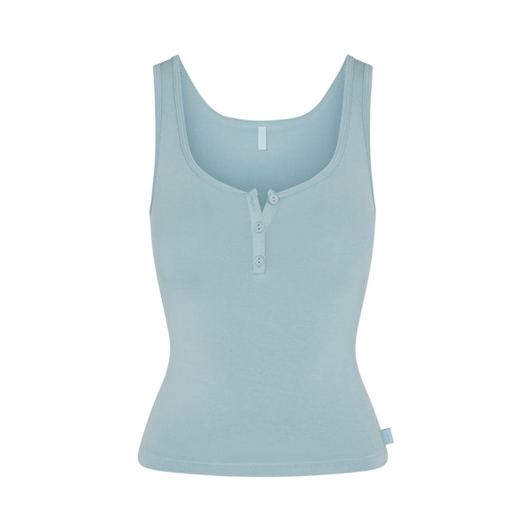 SKIMS SLEEP HENLEY TANK | SKY (SHORTS, BOTTOMS) FLAT ON A WHITE BACKGROUND | FLT