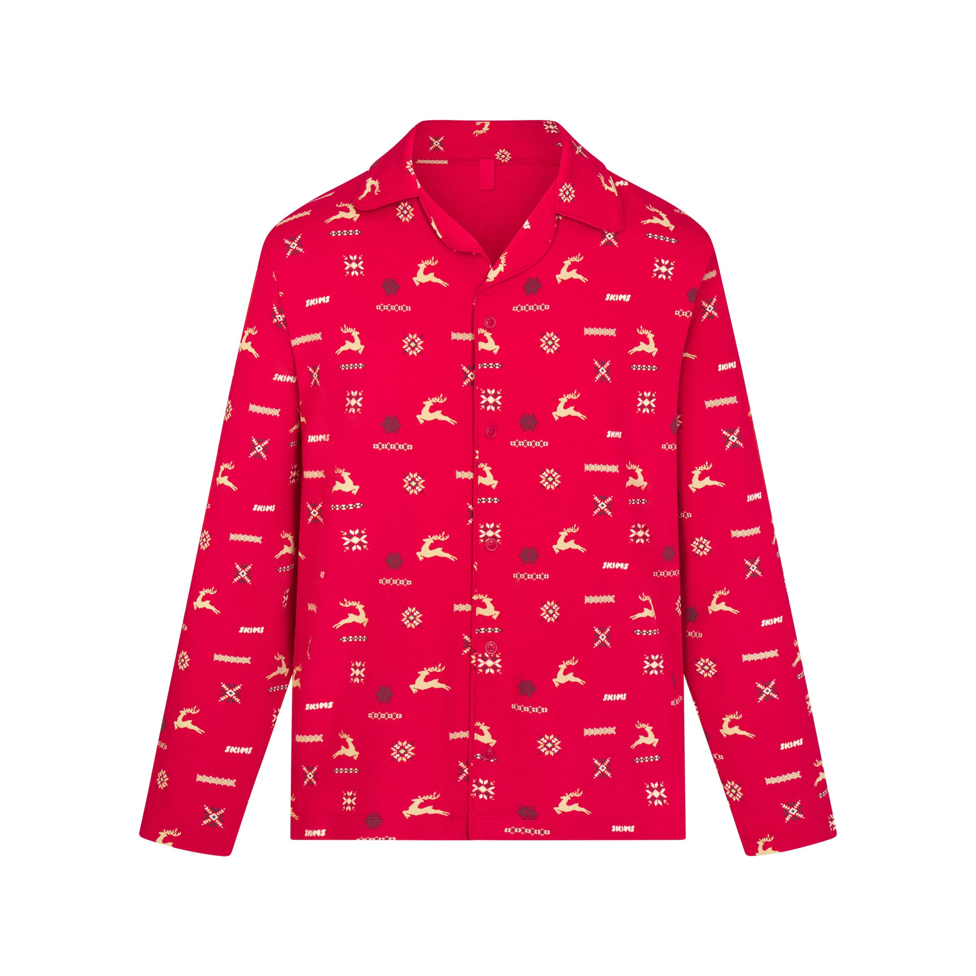 JERSEY SLEEP MENS SLEEP SET | CRANBERRY VINTAGE DEER PRINT FLAT ON A WHITE BACKGROUND | FLT