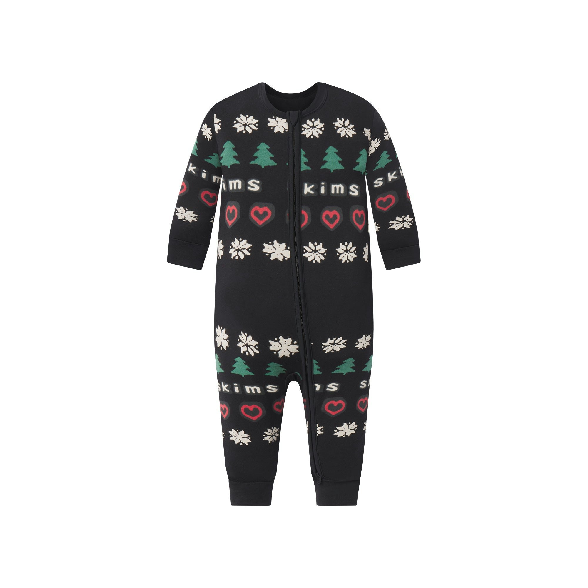 CACTUS PLANT FLEA MARKET X SKIMS SKIMS SLEEP BABY ONESIE | ONYX PINE FAIR ISLE FLAT ON A WHITE BACKGROUND | FLT