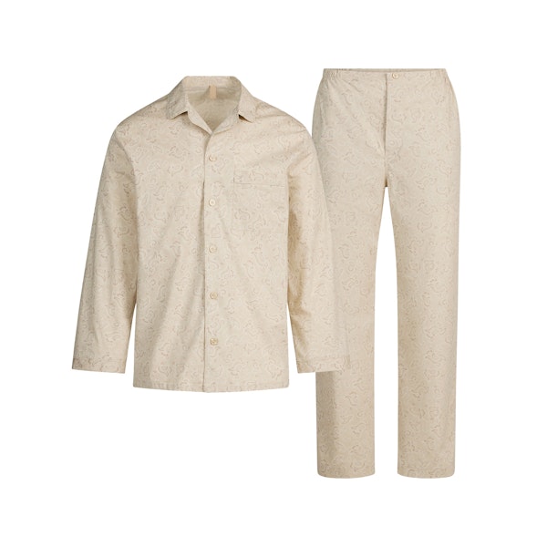 COTTON POPLIN MENS LONG SLEEP SET | TAN PAISLEY PRINT FLAT ON A WHITE BACKGROUND | FLT