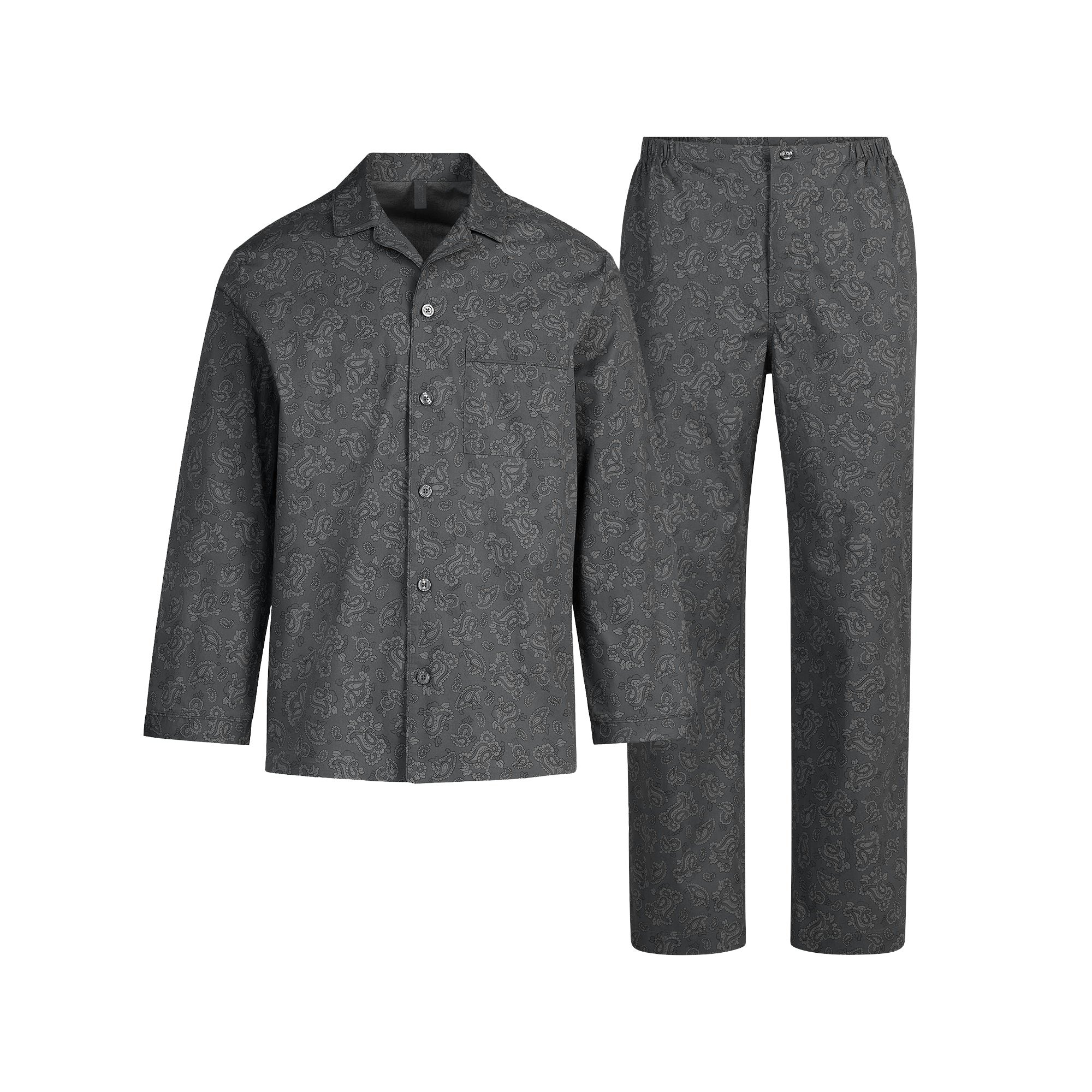 COTTON POPLIN MENS LONG SLEEP SET | ASH PAISLEY PRINT FLAT ON A WHITE BACKGROUND | FLT