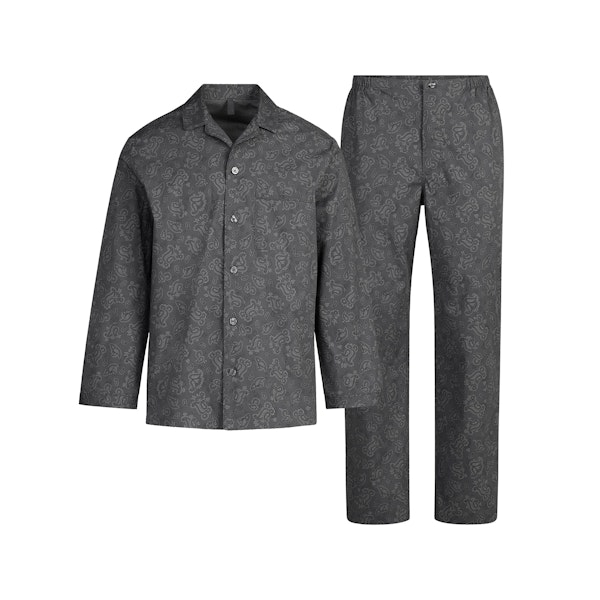 COTTON POPLIN MENS LONG SLEEP SET | ASH PAISLEY PRINT FLAT ON A WHITE BACKGROUND | FLT