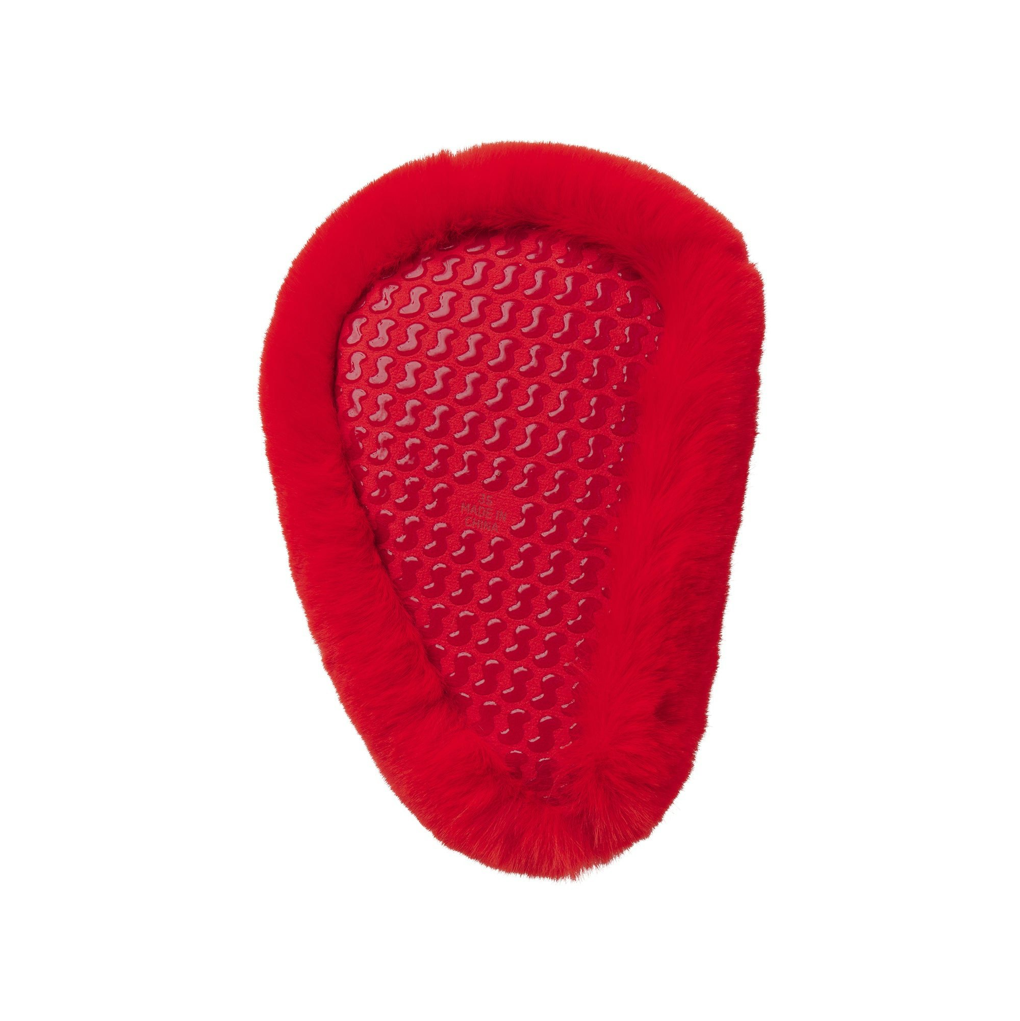 FAUX FUR HEART SLIPPER | RUBY FLAT ON A WHITE BACKGROUND