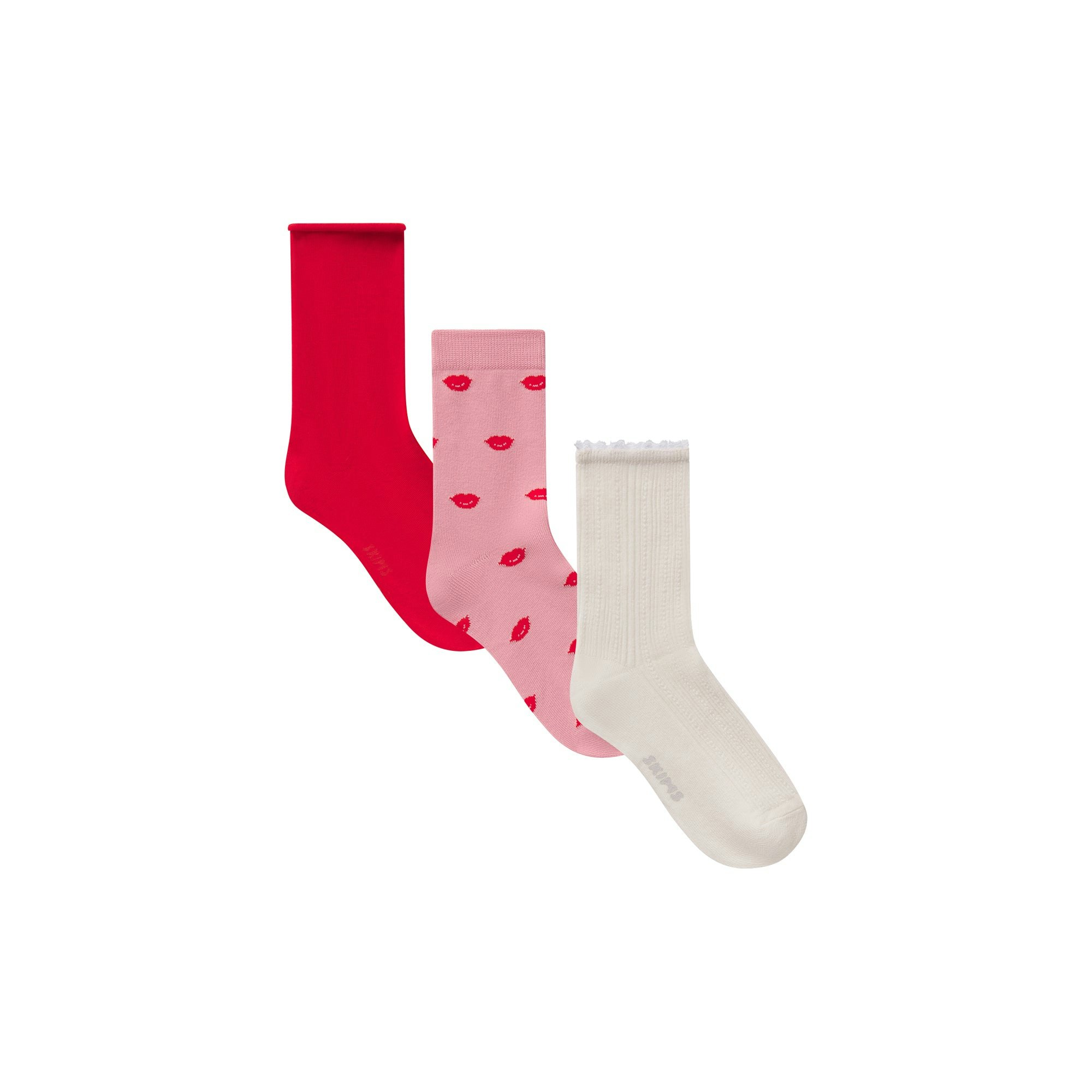 VALENTINES SOCK 3-PACK | HALITE LIPS PRINT MULTI FLAT ON A WHITE BACKGROUND | FLT @ | FOCUS: 0.0, 1.0, 0.9