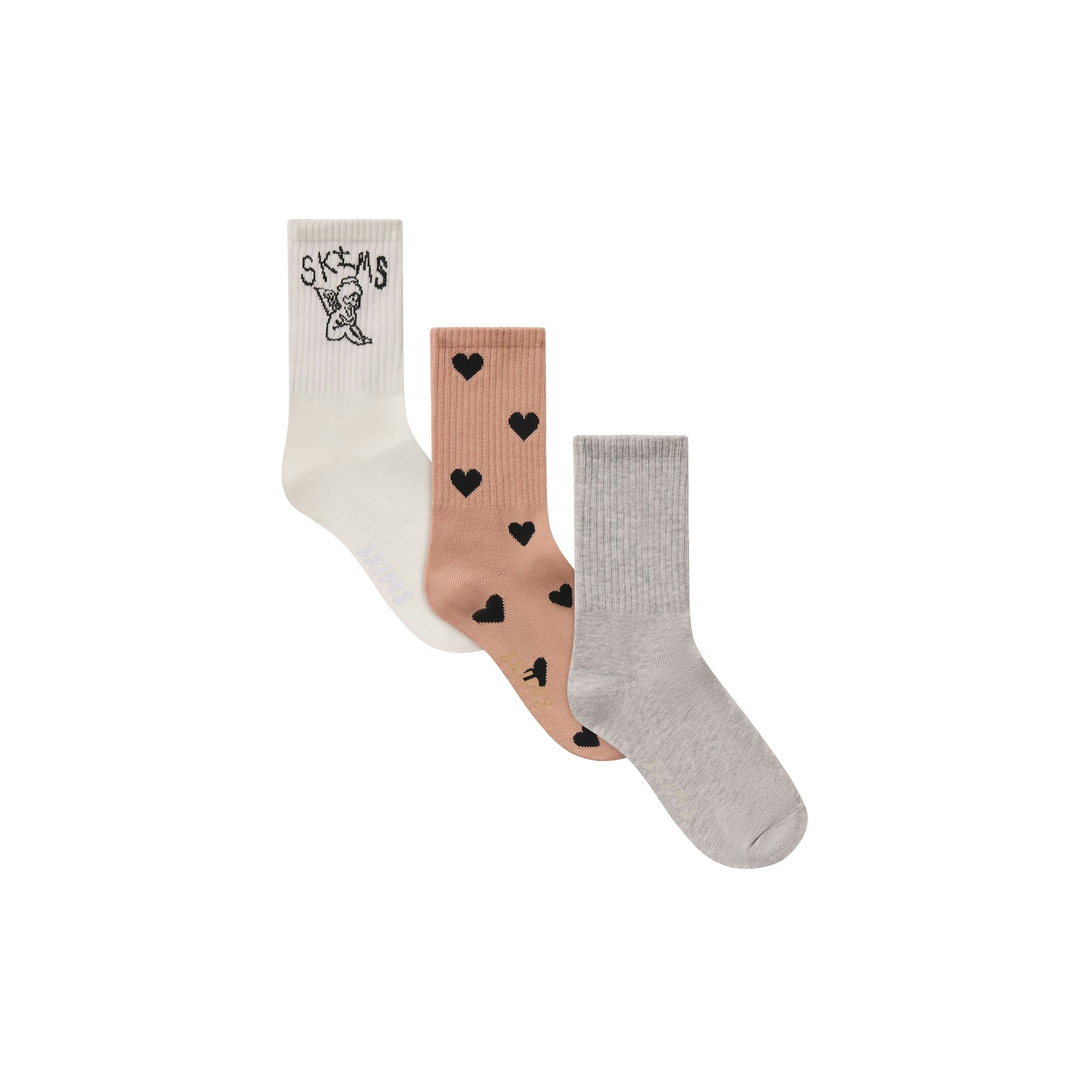 RIBBED CREW SOCK 3-PACK | SPACED HEARTS MULTI FLAT ON A WHITE BACKGROUND