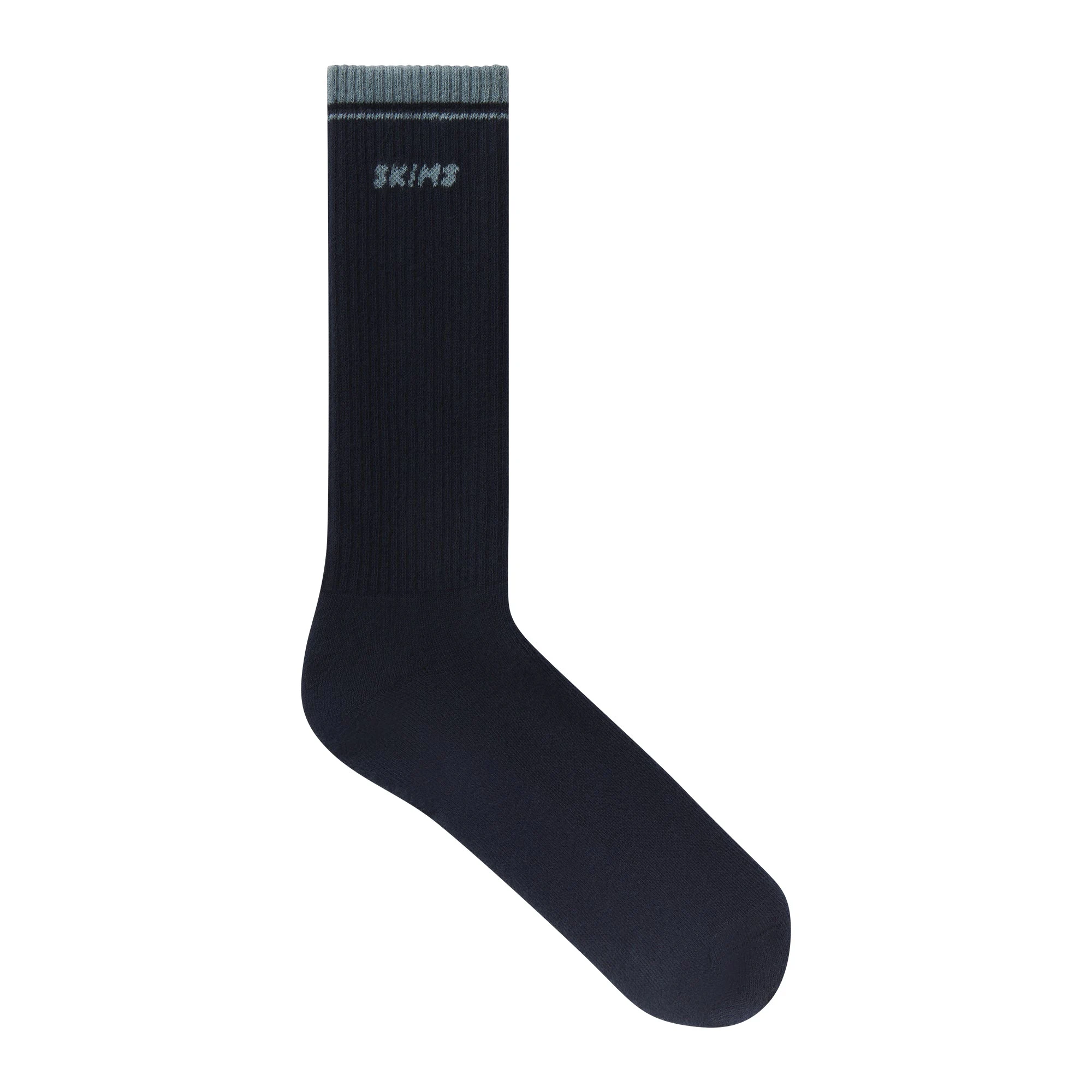 RIBBED CREW LOGO SOCK | NAVY AND KYANITE & LAYS FLAT ON A WHITE BACKGROUND | FLT