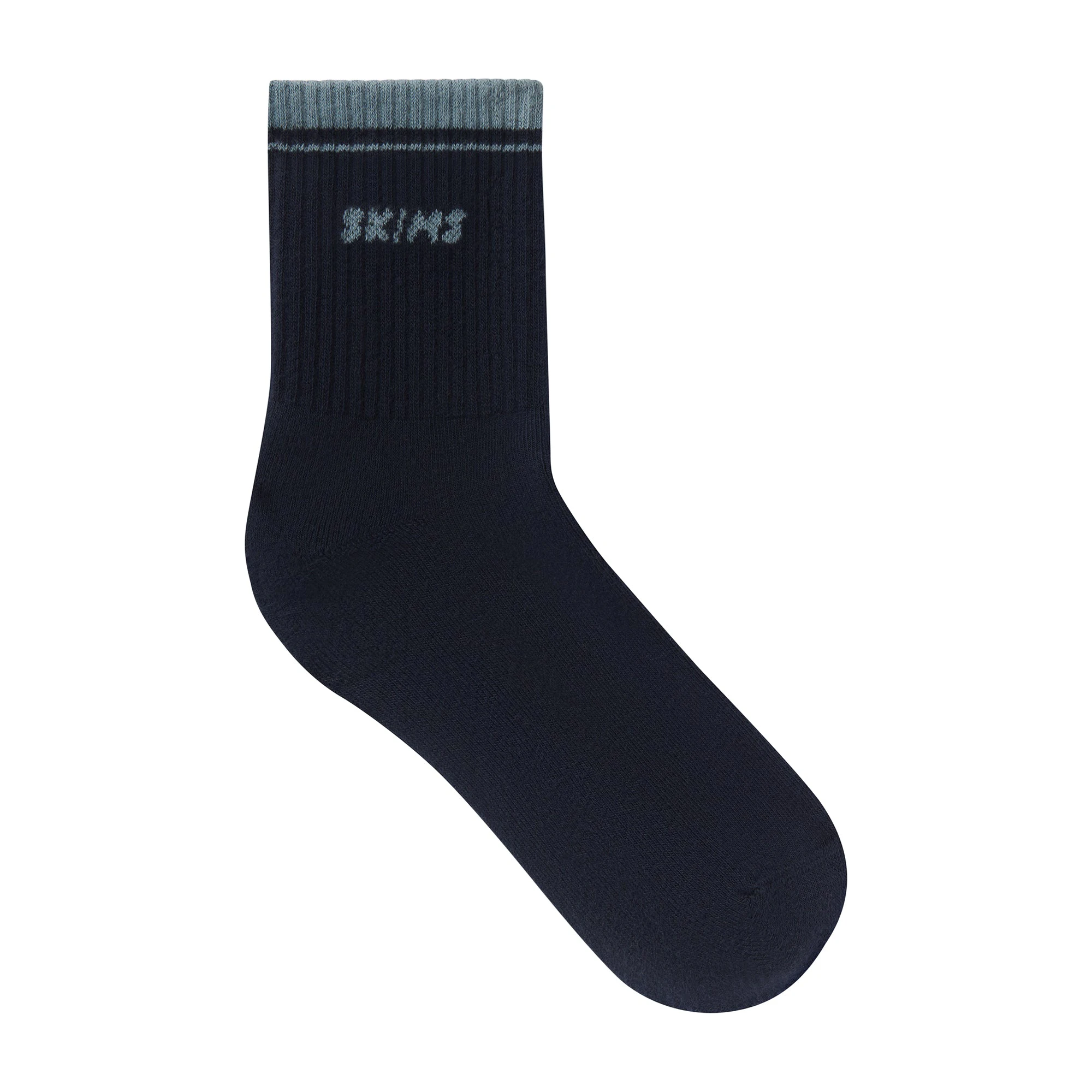 RIBBED QUARTER CREW LOGO SOCK | NAVY AND KYANITE & LAYS FLAT ON A WHITE BACKGROUND | FLT