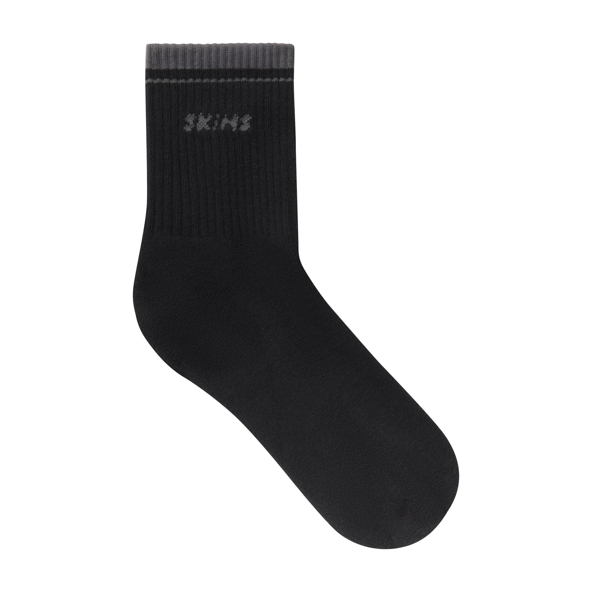 RIBBED QUARTER CREW LOGO SOCK | ONYX AND DARK HEATHER GREY & LAYS FLAT ON A WHITE BACKGROUND | FLT