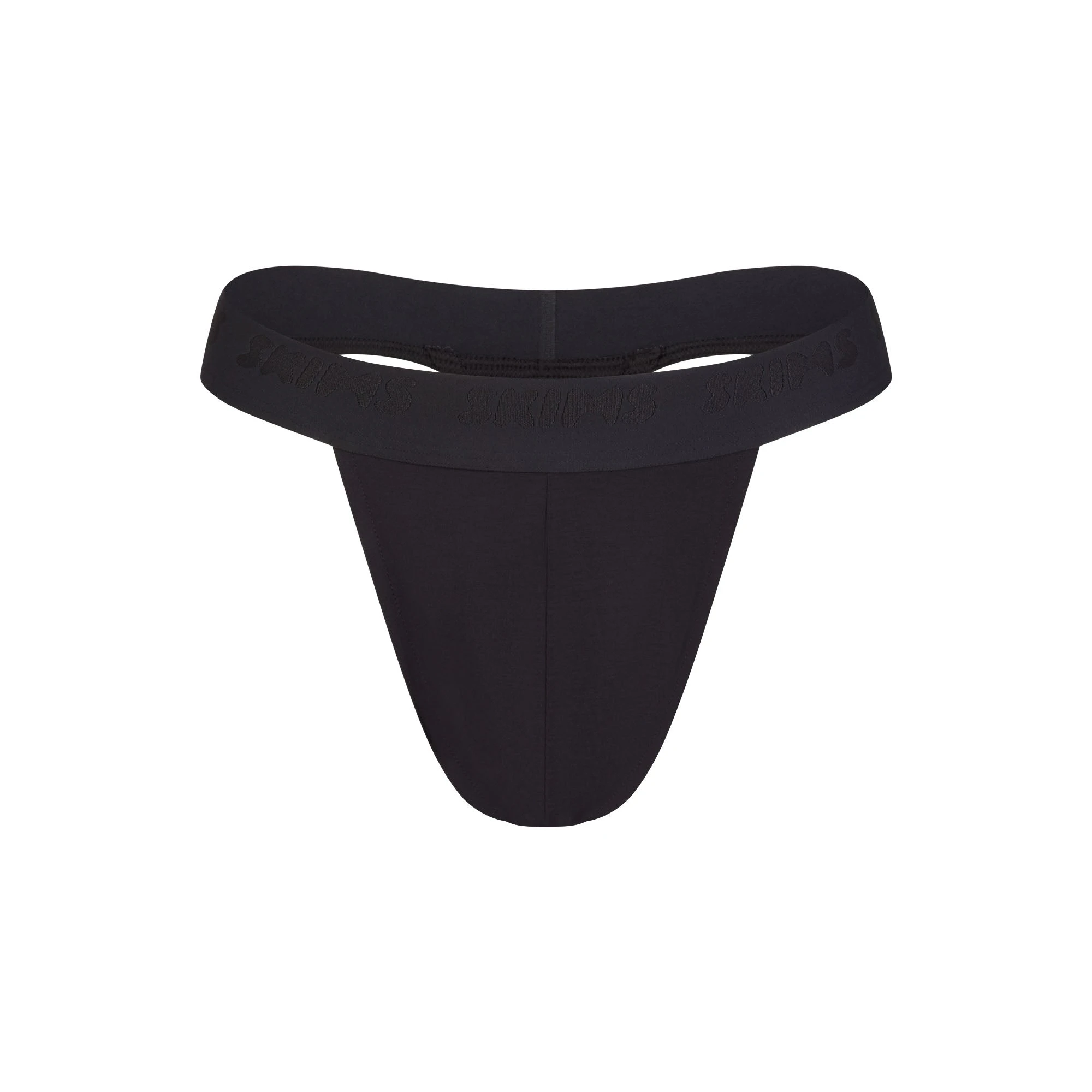 SKIMS STRETCH MENS THONG | OBSIDIAN FLAT ON A WHITE BACKGROUND | FLT @ | FOCUS: 0.0, 1.0, 0.9