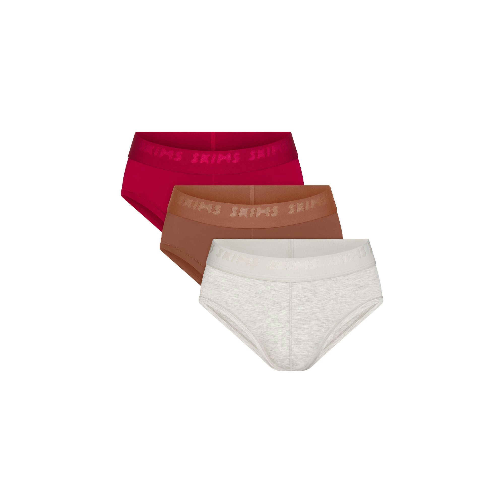SKIMS STRETCH MENS BRIEF 3-PACK | WOOD MULTI FLAT ON A WHITE BACKGROUND | FLT @ | FOCUS: 0.9, 0.1, 0.7