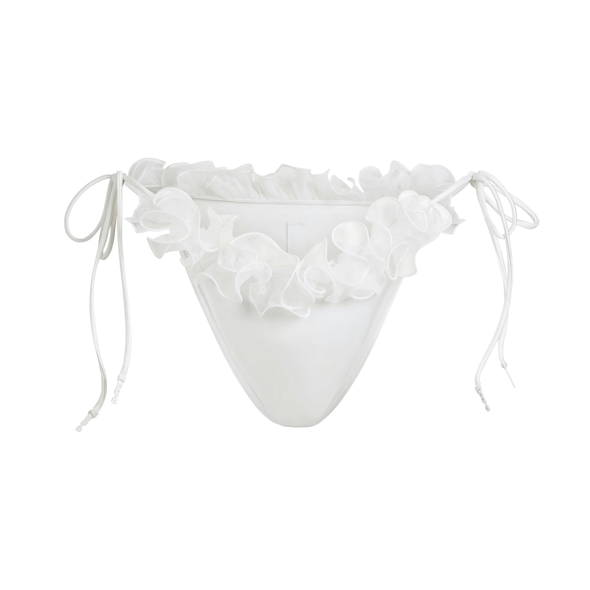 BRIDAL SWIM RUFFLE DIPPED TIE BIKINI BOTTOM | SNOW FLAT ON A WHITE BACKGROUND | FLT